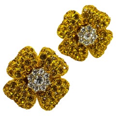 Vintage gold yellow crystal flower designer pierced clip on earrings