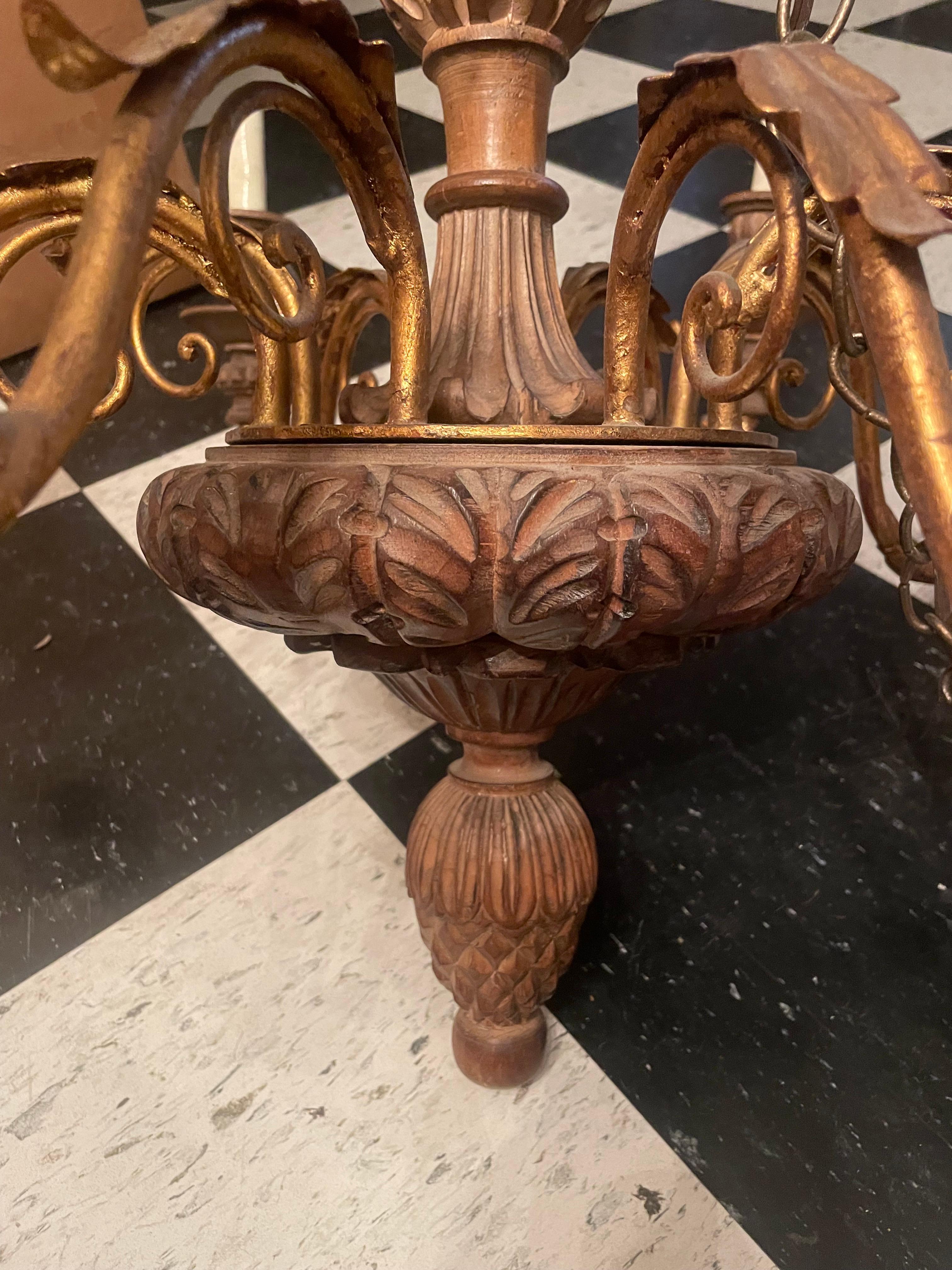 Vintage Golden and Teak Wood Chandelier In Good Condition For Sale In Los Angeles, CA