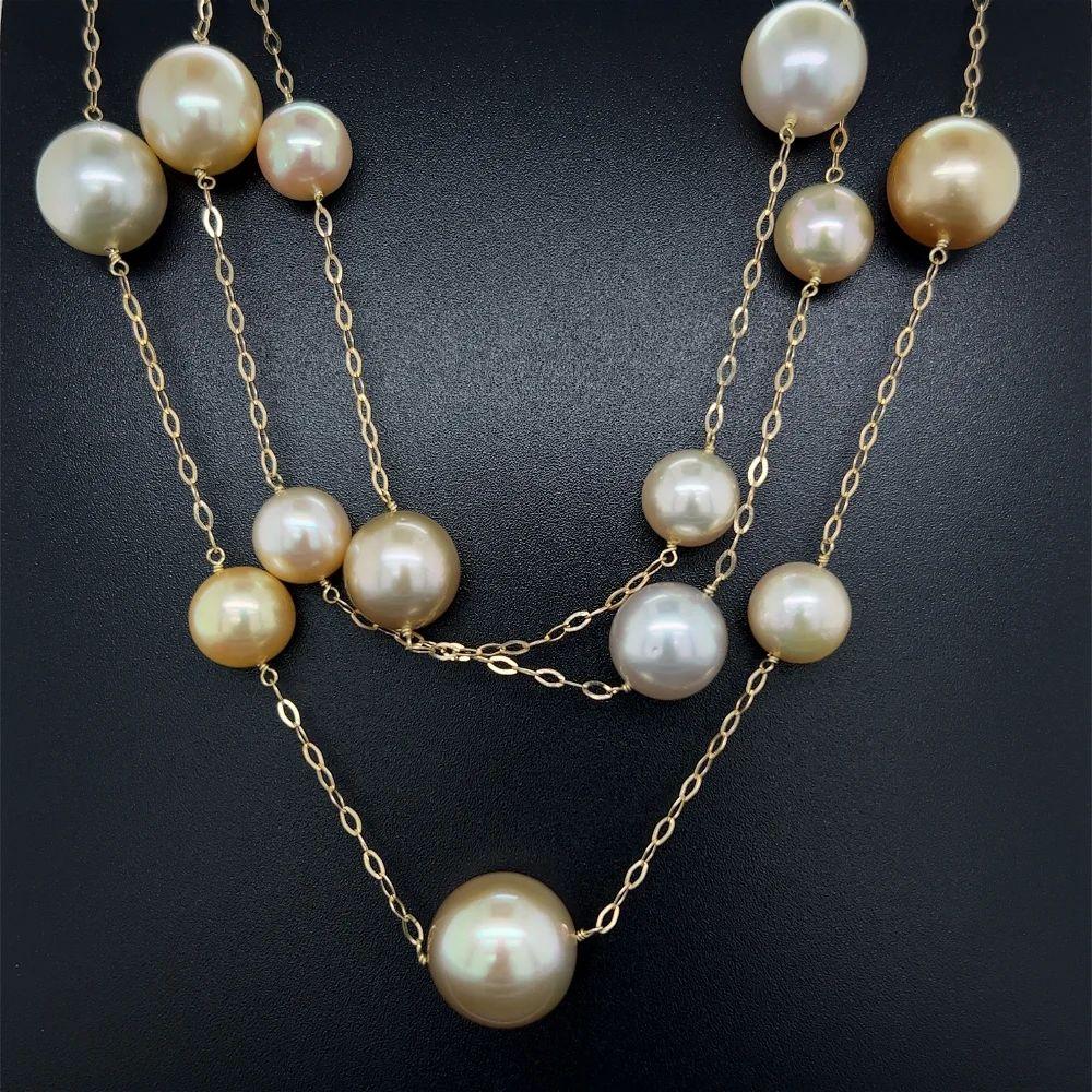 Modern Vintage Golden and White South Sea Pearl Gold Link Necklace For Sale