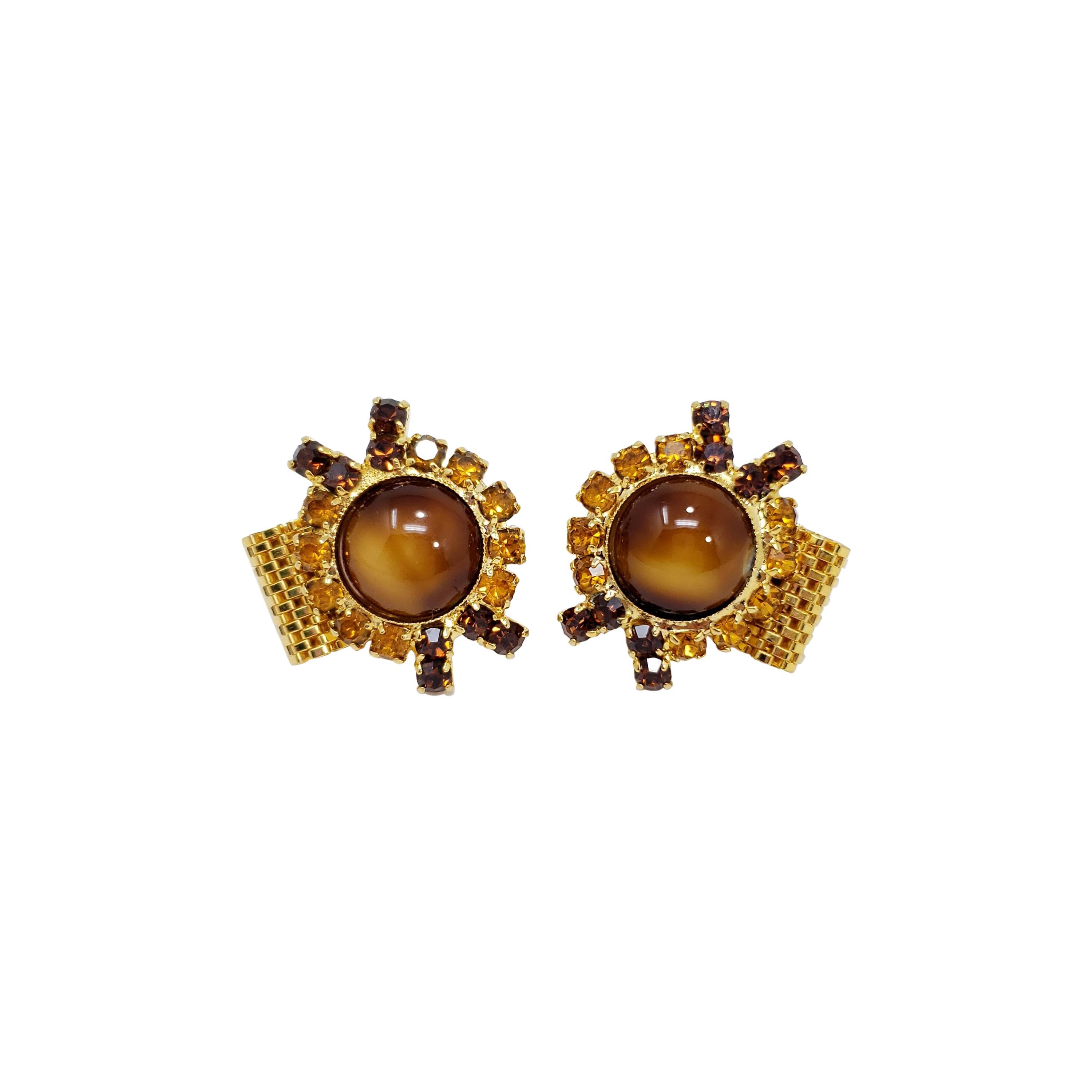 Vintage Golden Cufflinks and Stud, Amber Crystals and Mesh Findings For Sale