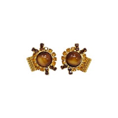 Vintage Golden Cufflinks and Stud, Amber Crystals and Mesh Findings