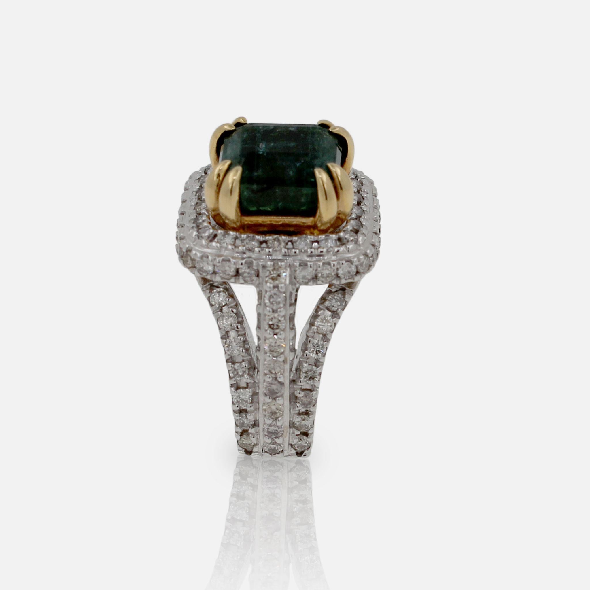 Emerald Diamond Halo Pave Split Shank Estate Vintage 18 K Yellow White Gold Ring 4