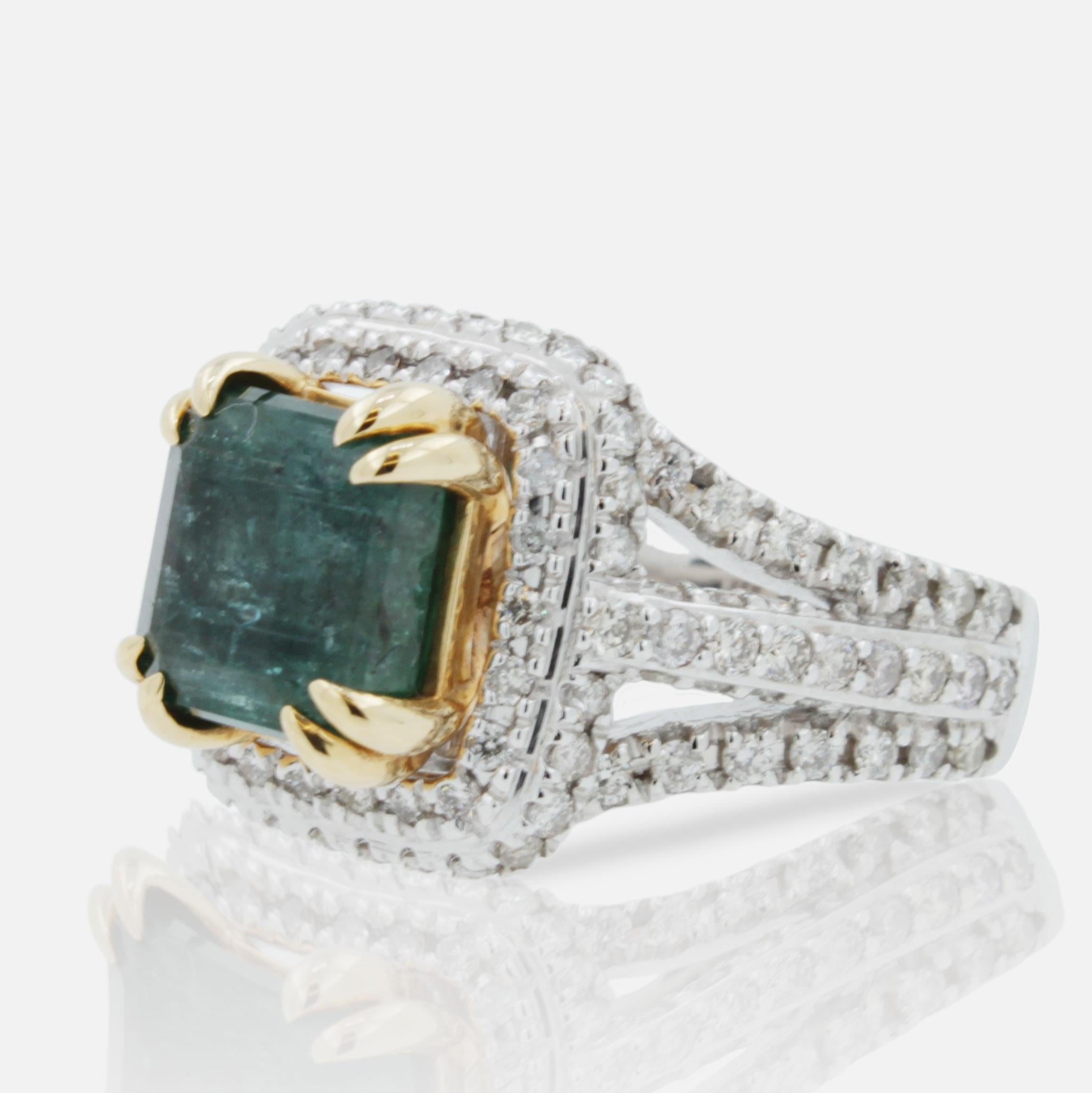Emerald Diamond Halo Pave Split Shank Estate Vintage 18 K Yellow White Gold Ring 5