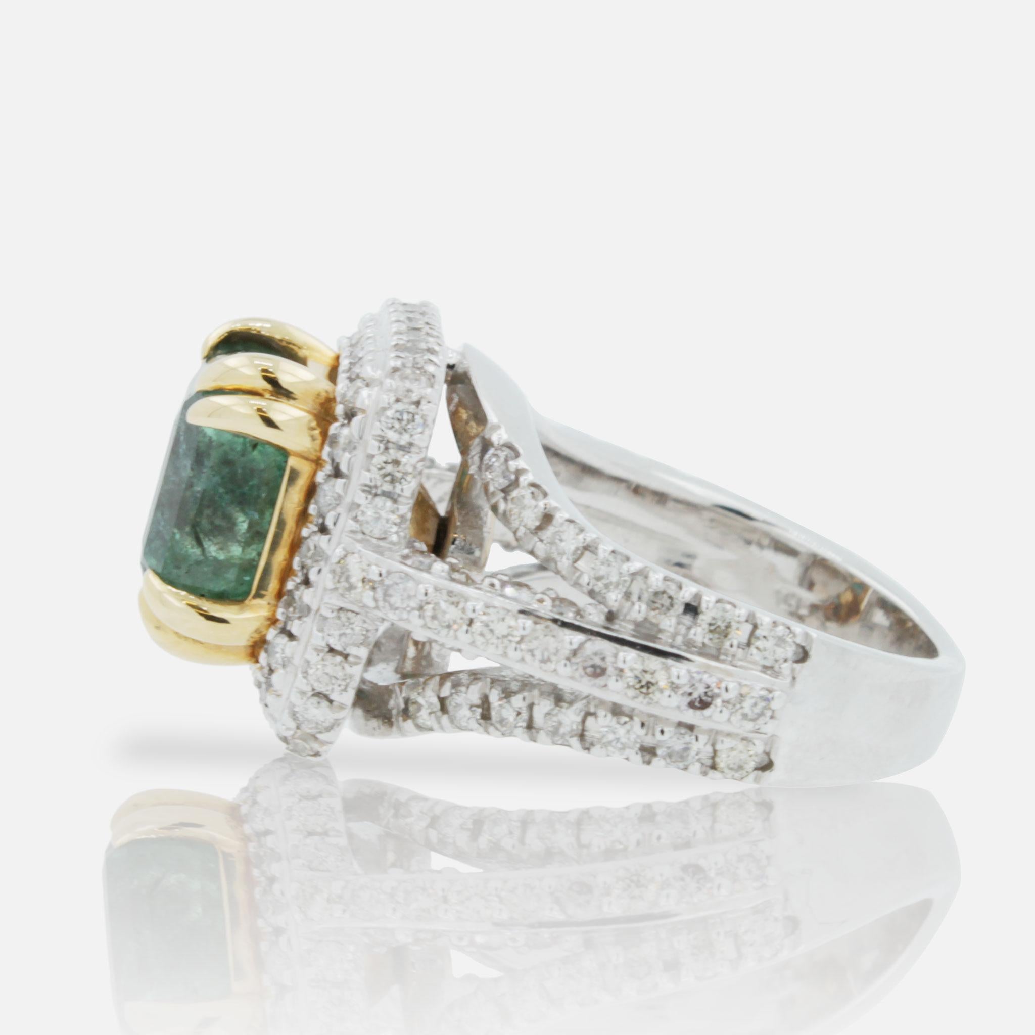 Edwardian Emerald Diamond Halo Pave Split Shank Estate Vintage 18 K Yellow White Gold Ring