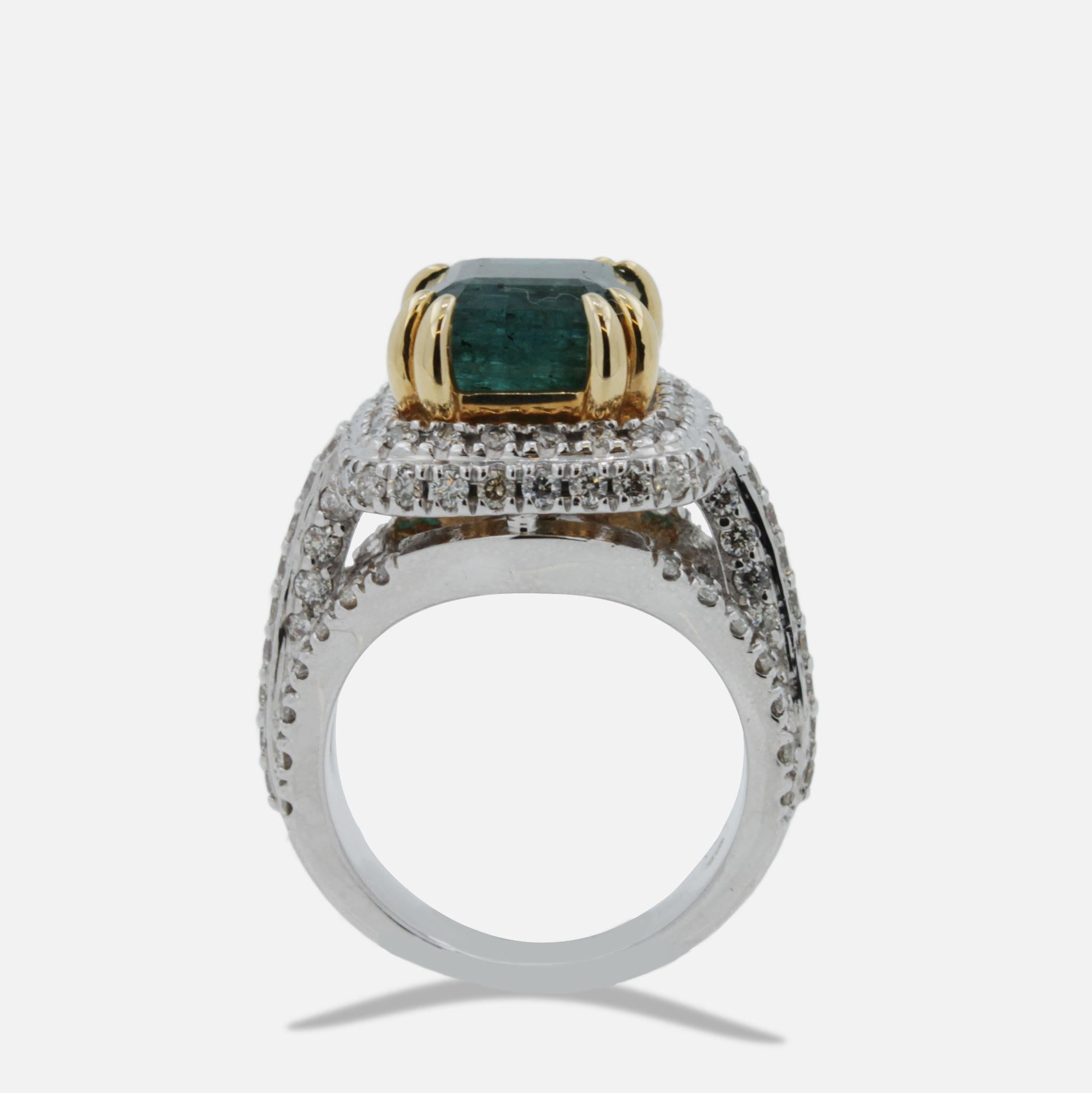 Emerald Cut Emerald Diamond Halo Pave Split Shank Estate Vintage 18 K Yellow White Gold Ring