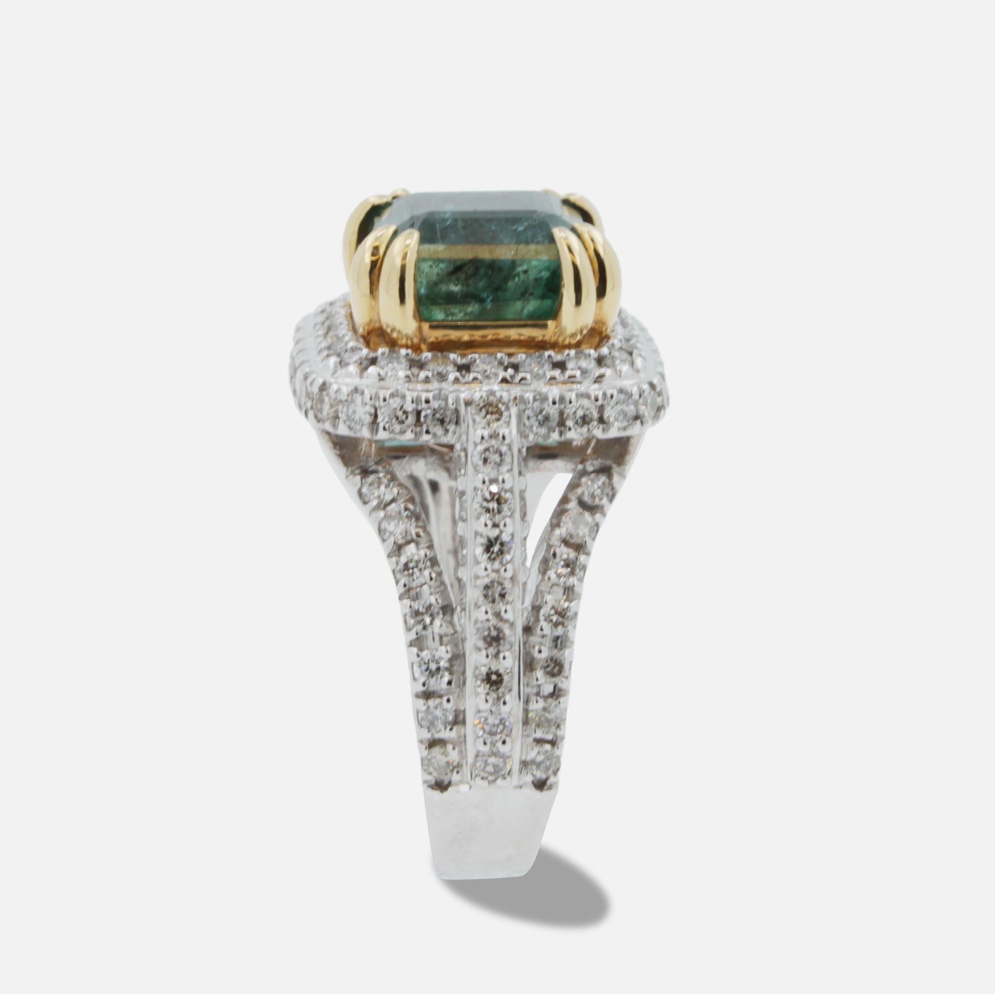 Emerald Diamond Halo Pave Split Shank Estate Vintage 18 K Yellow White Gold Ring In New Condition In Oakton, VA
