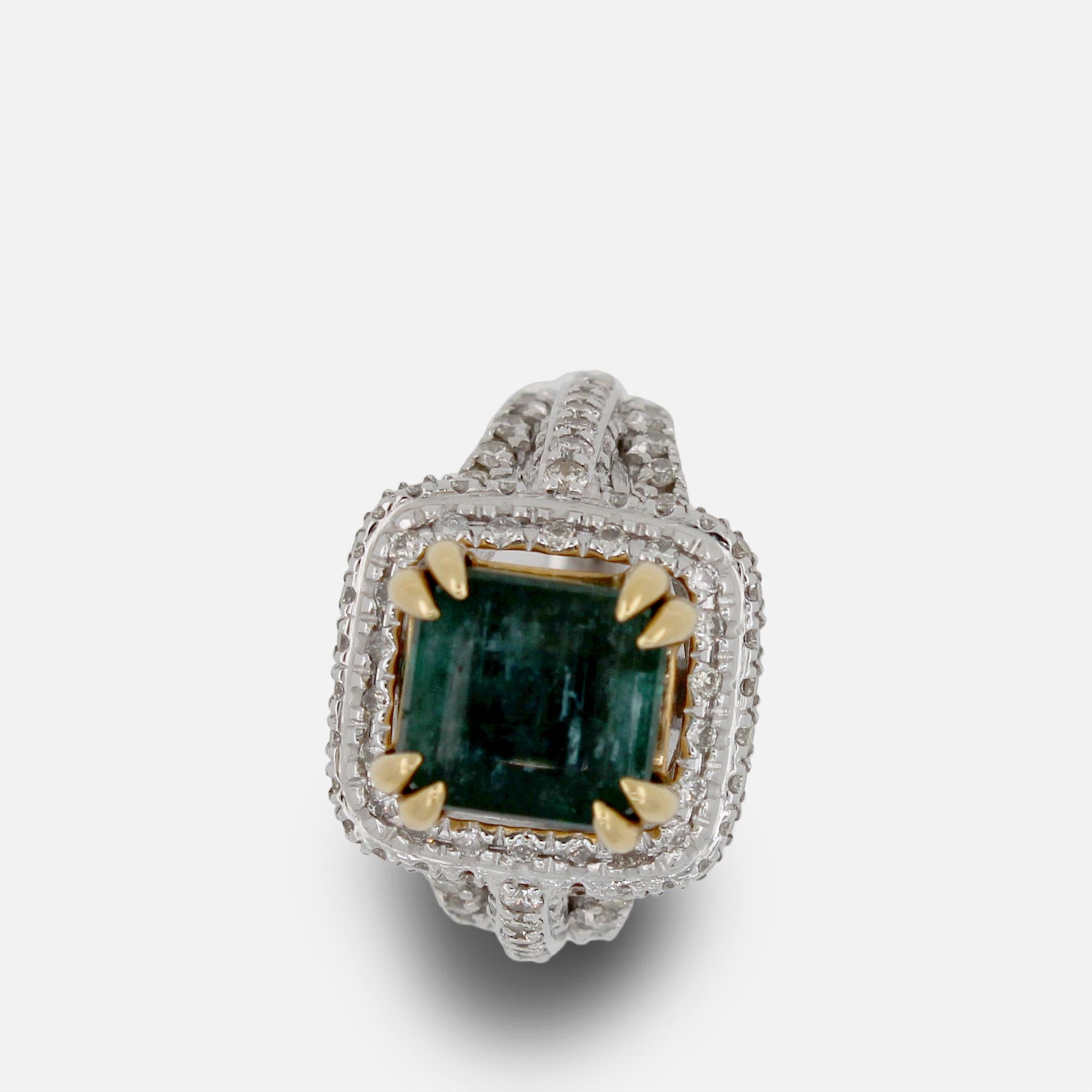 Emerald Diamond Halo Pave Split Shank Estate Vintage 18 K Yellow White Gold Ring 3