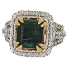 Emerald Diamond Halo Pave Split Shank Estate Vintage 18 K Yellow White Gold Ring