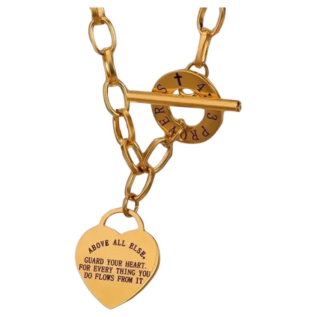 Vintage Golden Heart Lock Pendant Toggle Link Necklace For Sale