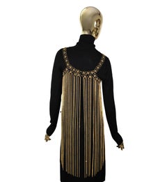 Vintage golden metal chain black flowers mini dress