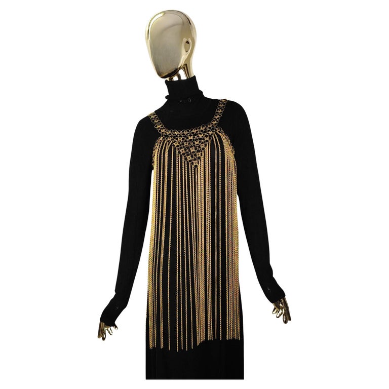 Vintage Golden Metal Chain Black Flowers Mini Dress