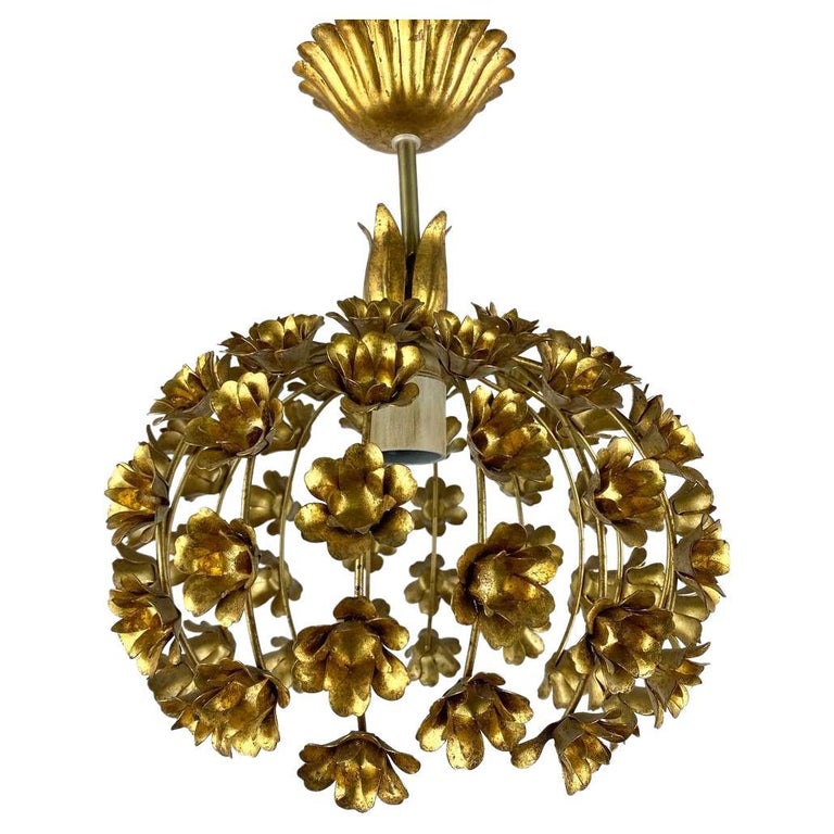 Vintage Golden Metal Flower Chandelier For Sale at 1stDibs