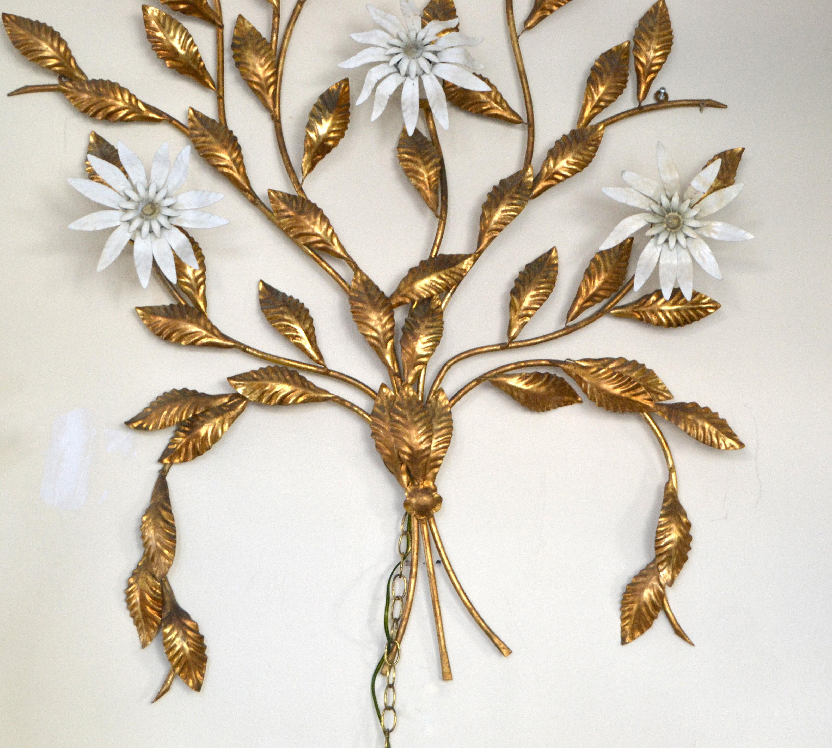 Vintage Golden Metal Tree Branch Wall Sculpture with 5 Flower Lights 4