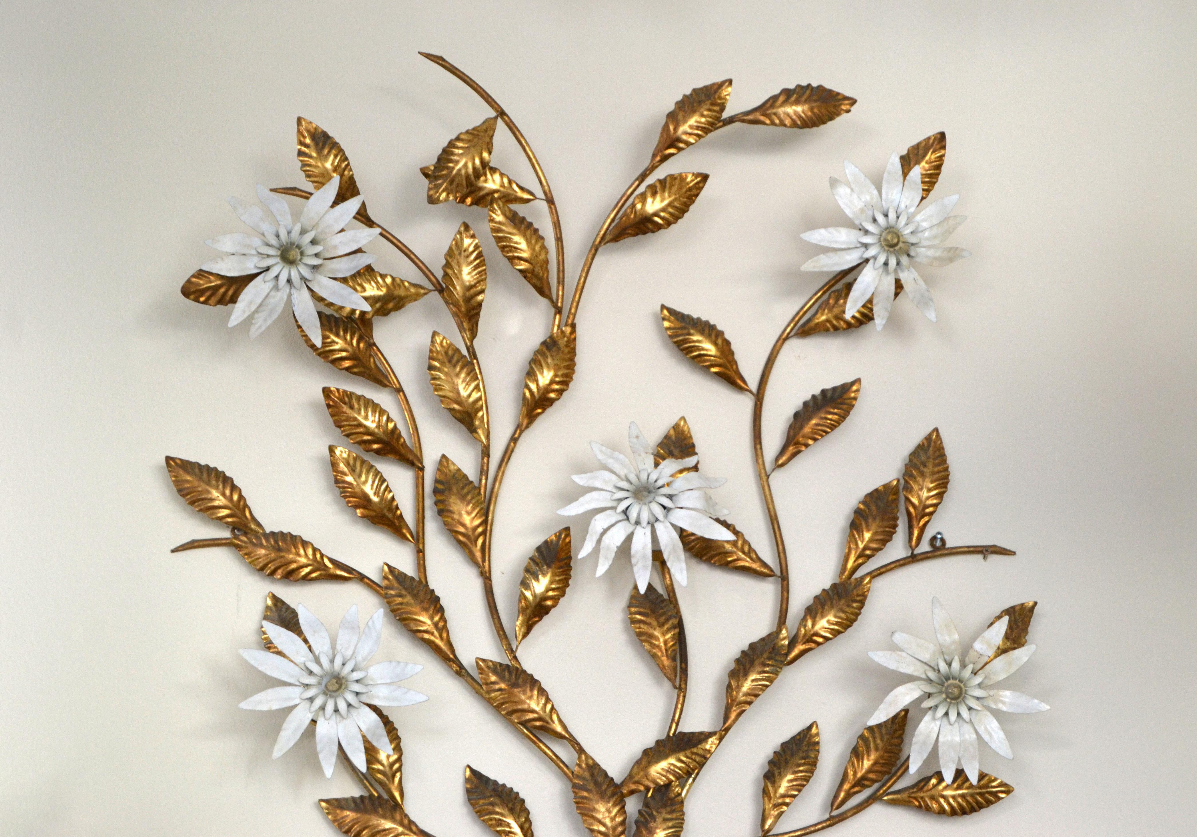 Hollywood Regency Vintage Golden Metal Tree Branch Wall Sculpture with 5 Flower Lights