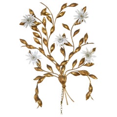 Vintage Golden Metal Tree Branch Wall Sculpture with 5 Flower Lights