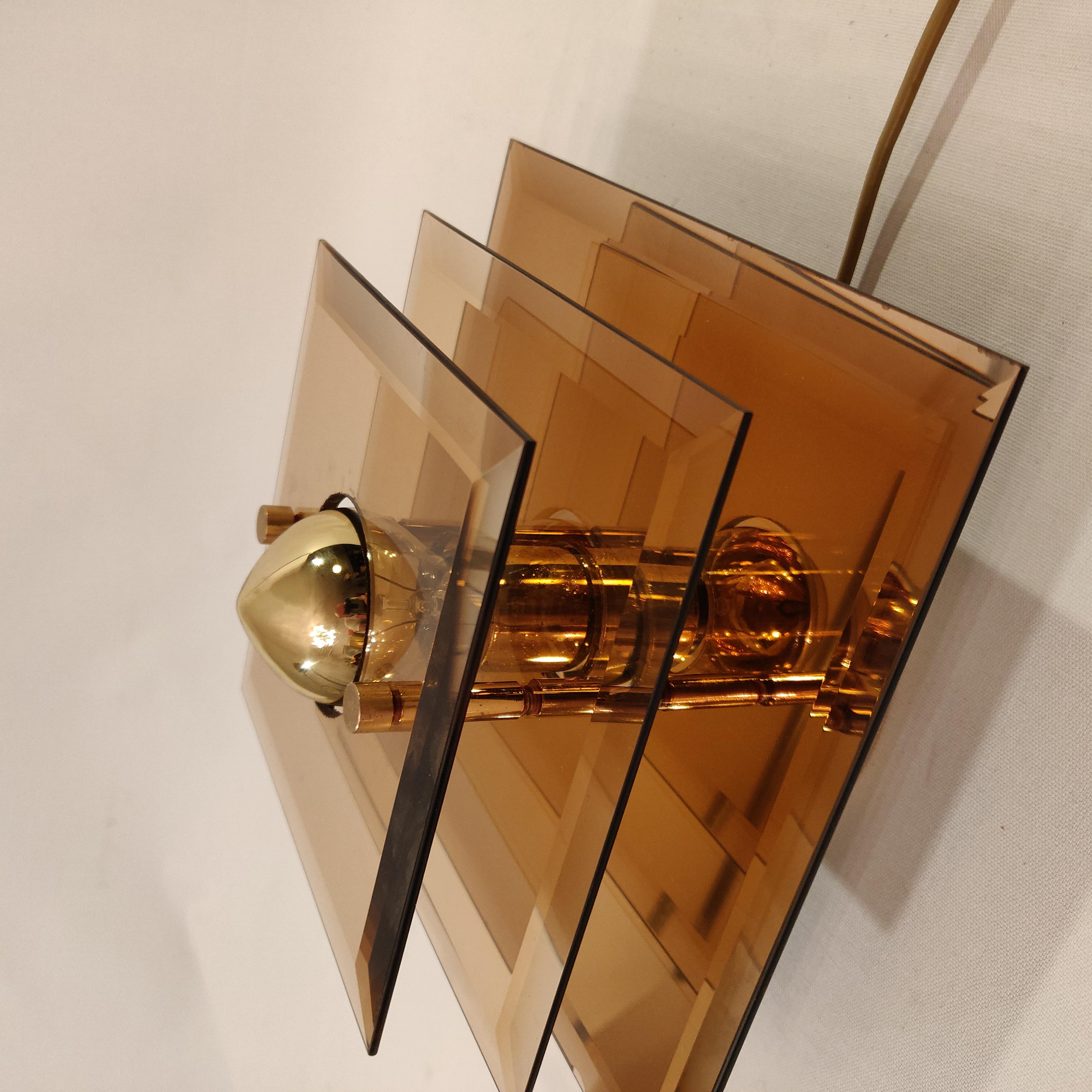 Brass Vintage Golden Mirror and Cristal Wall Lamp by Lakro Amstelveen, 1970s For Sale