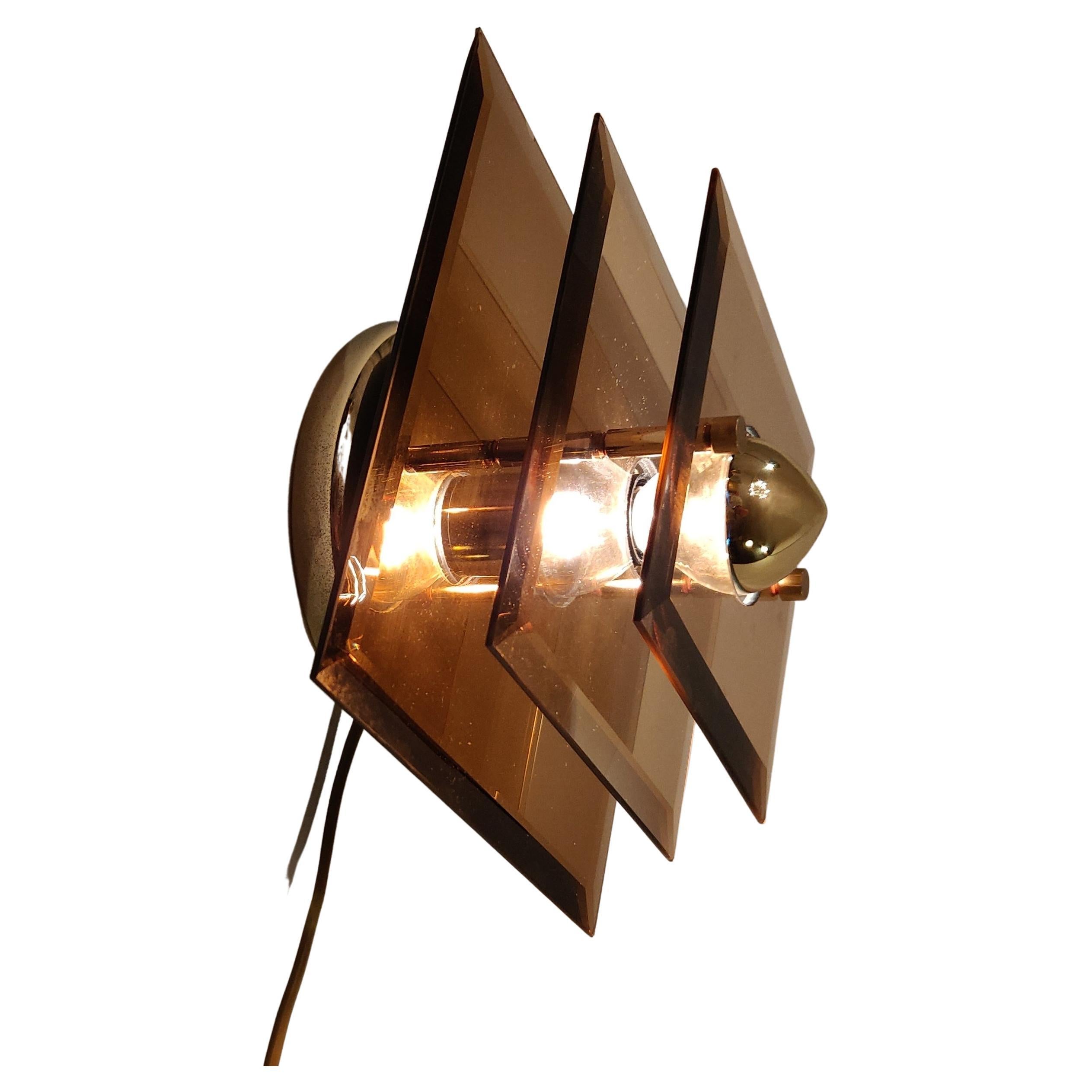 Vintage Golden Mirror and Cristal Wall Lamp by Lakro Amstelveen, 1970s For Sale