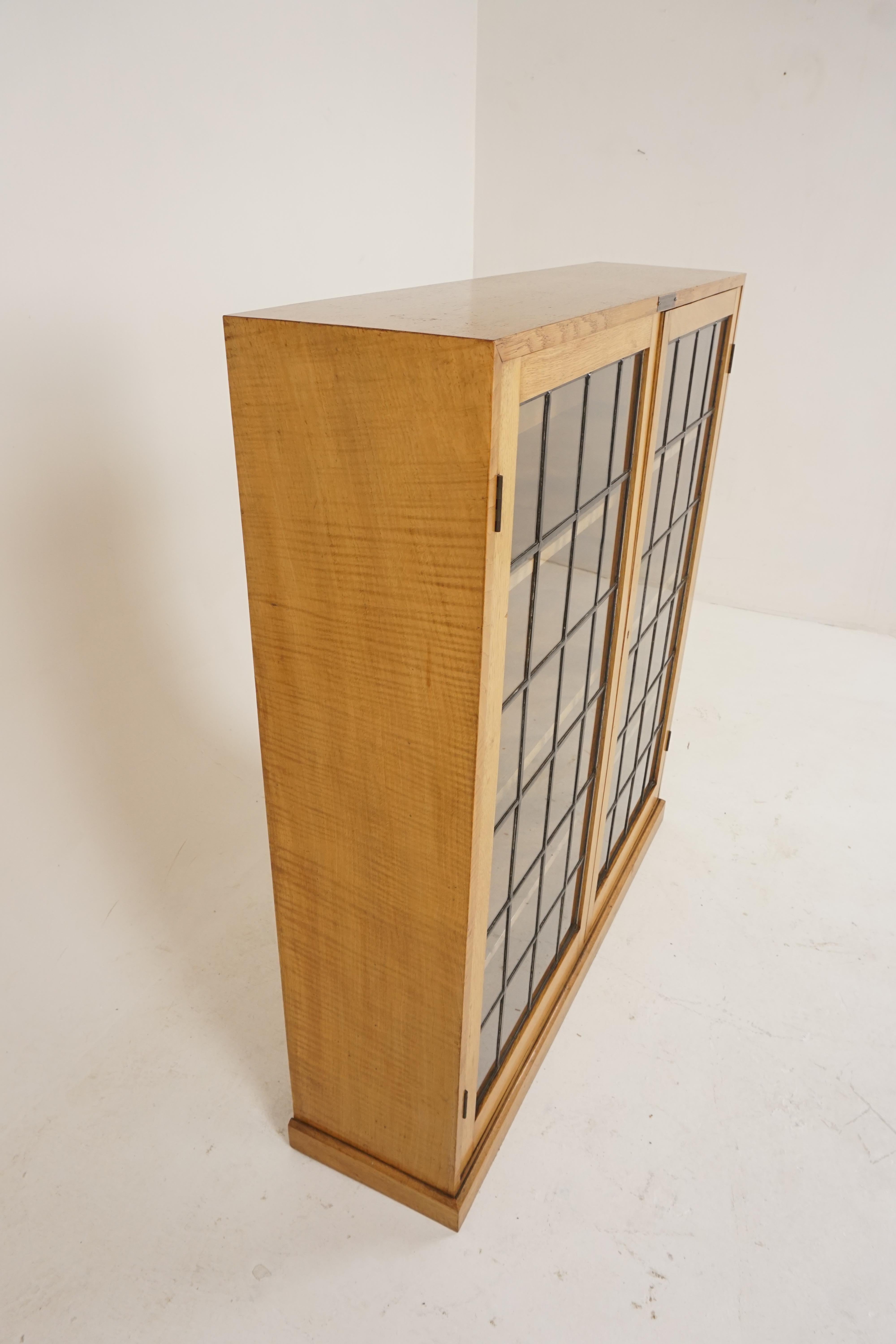 Scottish Vintage Golden Oak Bookcase, Leaded Glass Display Cabinet, Scotland 1930, B2239