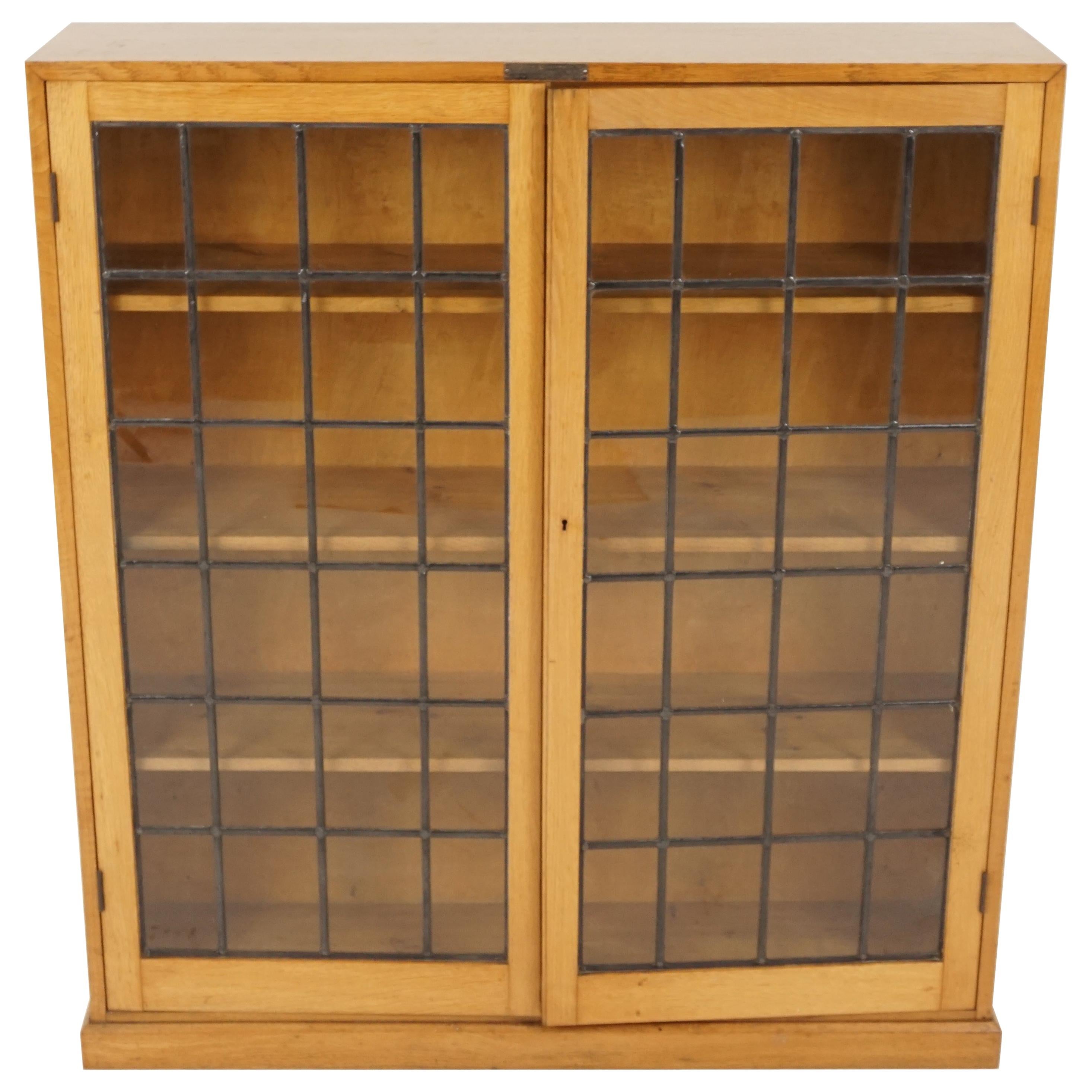 Vintage Golden Oak Bookcase, Leaded Glass Display Cabinet, Scotland 1930, B2239