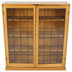 Vintage Golden Oak Bookcase, Leaded Glass Display Cabinet, Scotland 1930, B2239