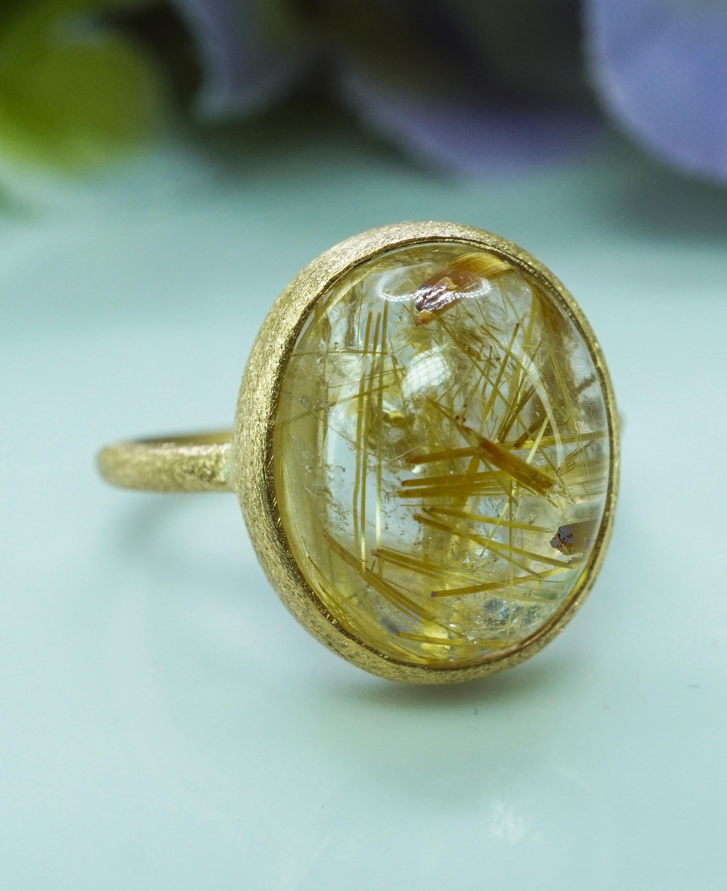 Vintage Golden Rutil Quartz 14K Yellow Gold Solitaire Ring Statement 8.8ct en Bueno estado para la venta en Brambleton, US