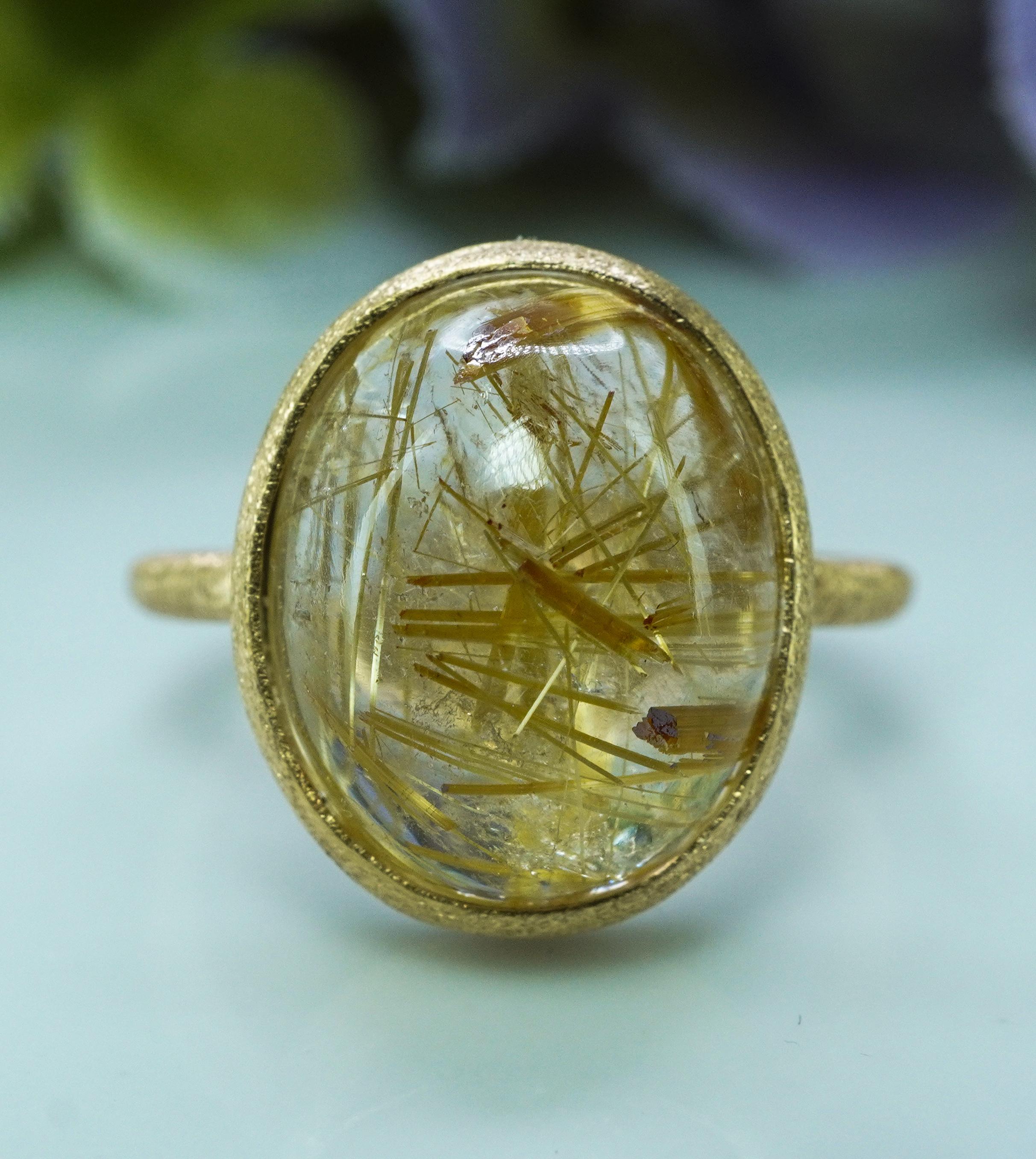 De las mujeres Vintage Golden Rutil Quartz 14K Yellow Gold Solitaire Ring Statement 8.8ct en venta