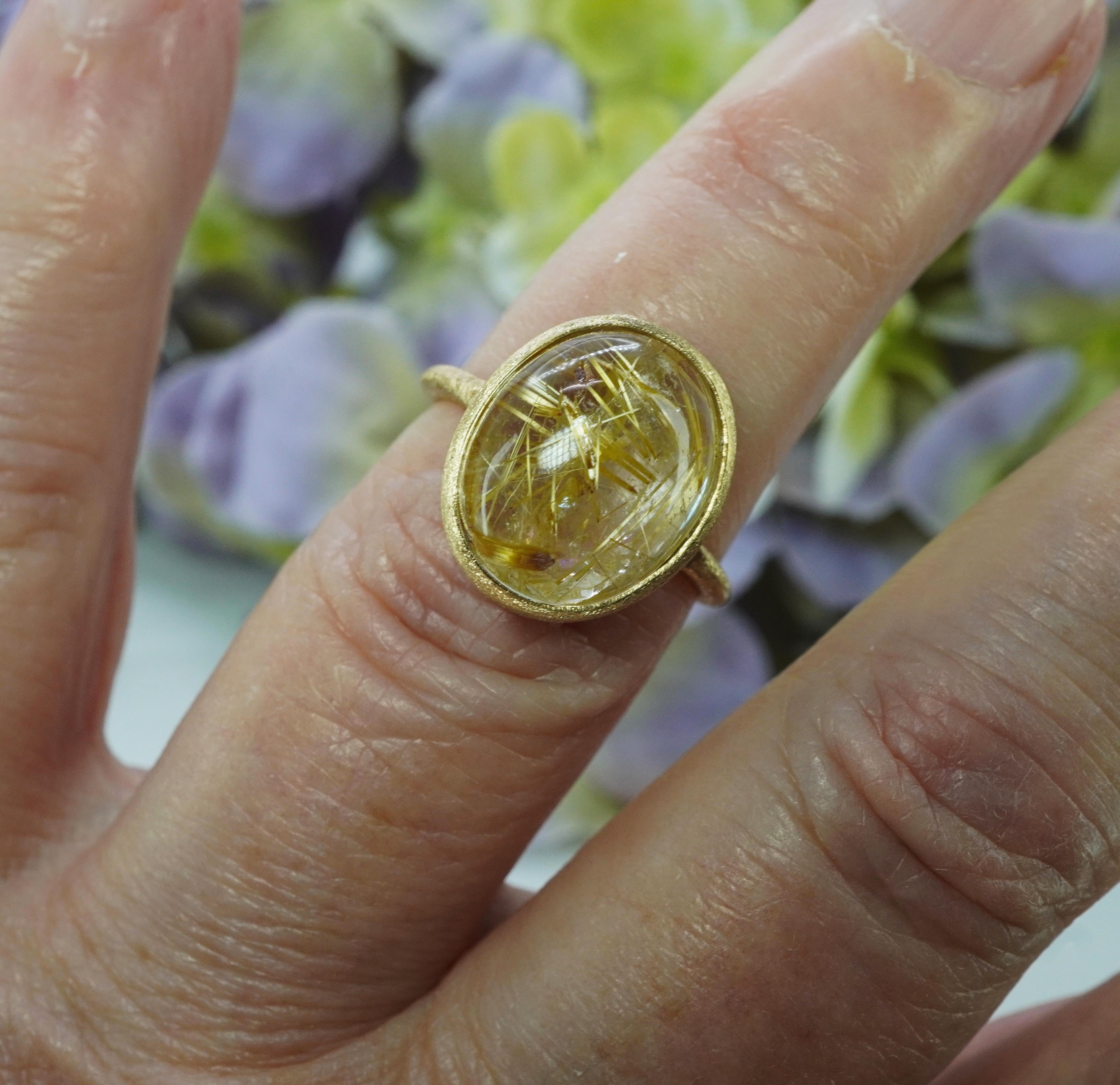 Vintage Golden Rutil Quartz 14K Yellow Gold Solitaire Ring Statement 8.8ct en venta 1