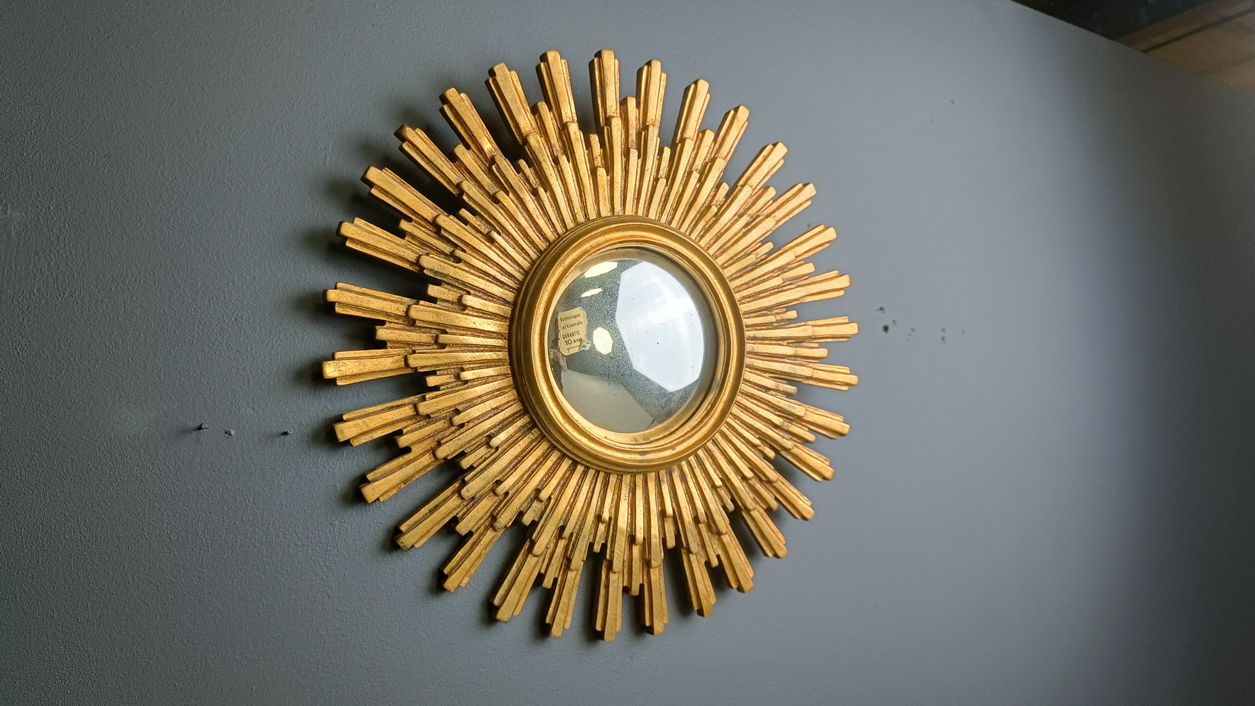 Belge Miroir vintage en forme de soleil doré, années 1960