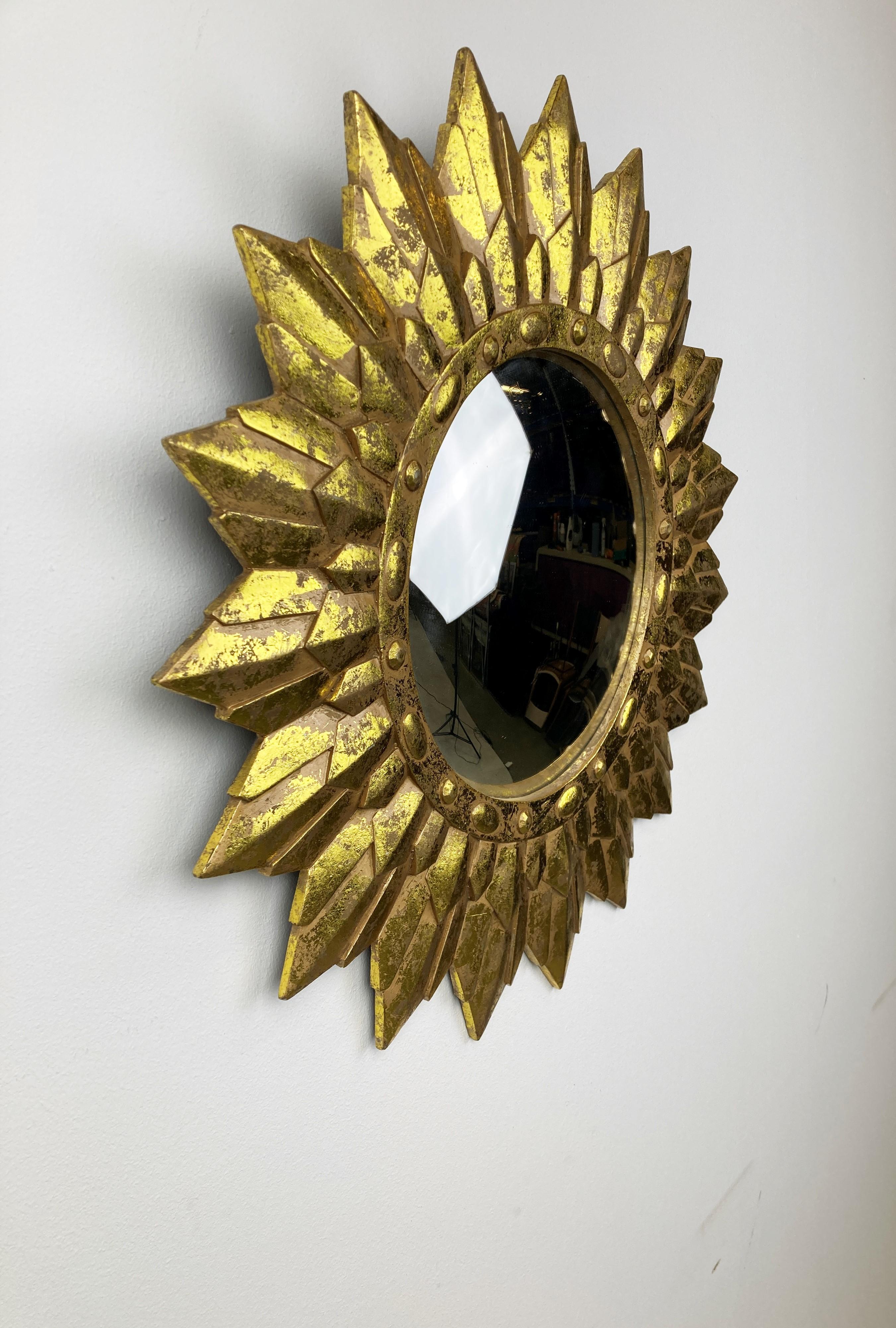 Resin Vintage Golden Sunburst Mirror, 1960s For Sale