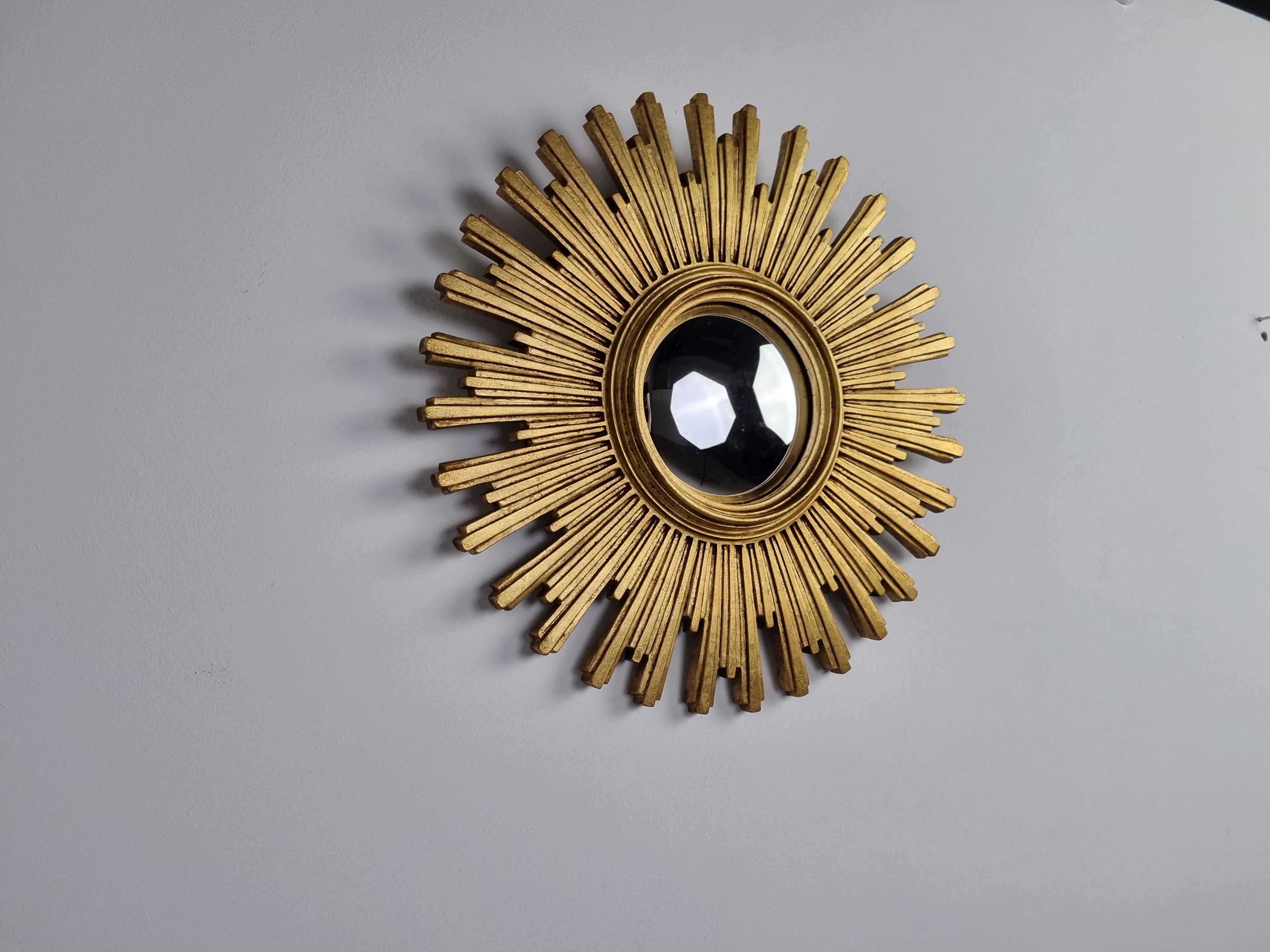 Resin Vintage Golden Sunburst Mirror, 1960s For Sale