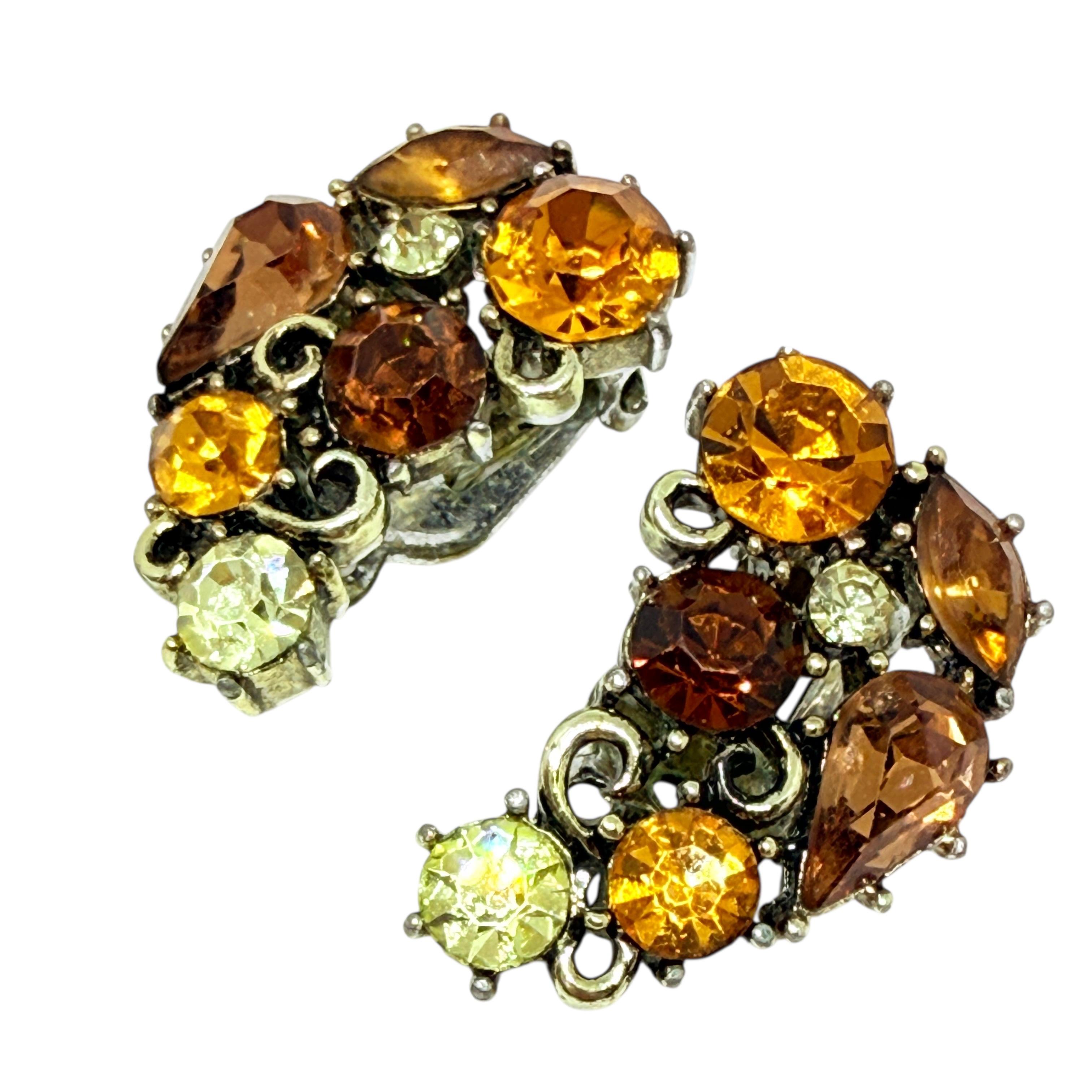 Vintage Gold Ton Citrin Bernstein Glas Steine Designer Clip auf Ohrringe für Damen oder Herren im Angebot