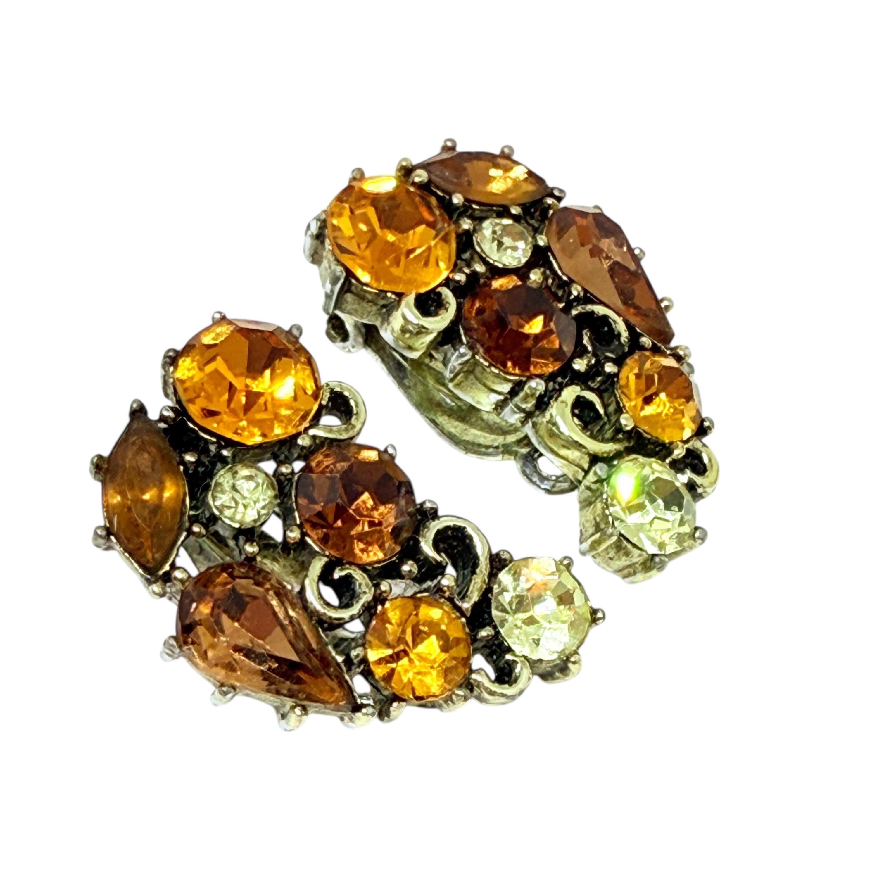 Vintage Gold Ton Citrin Bernstein Glas Steine Designer Clip auf Ohrringe im Angebot 1