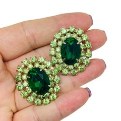 Vintage golden tone emerald green rhinestone designer clip on earrings