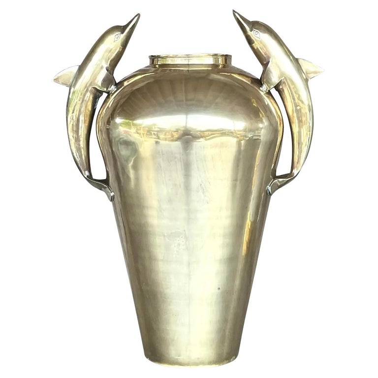 Vintage Golden Vase With Dolphin Handles For Sale at 1stDibs