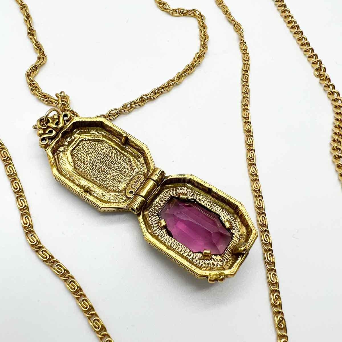 Women's Vintage Goldette Amethyst Locket Chain Necklace 1960s For Sale