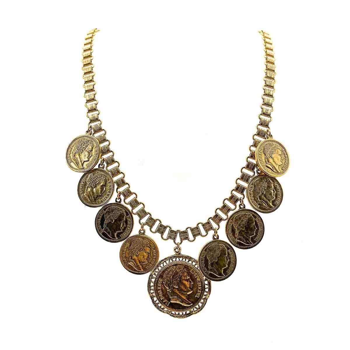Women's Vintage Goldette Chunky Statement Coin Necklace and Bracelet Set 1960s For Sale