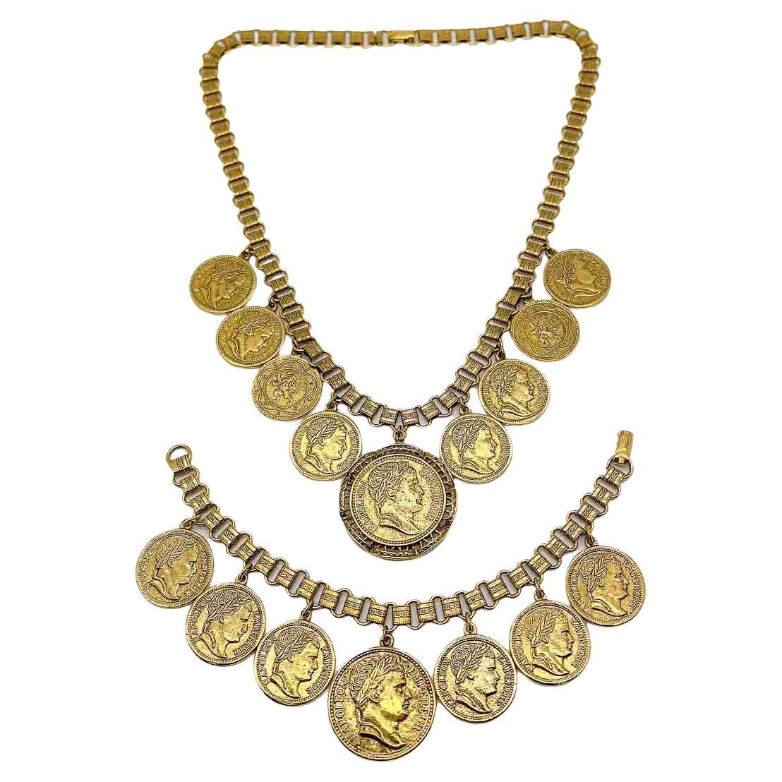 Vintage Goldette Chunky Statement Coin Necklace and Bracelet Set 1960s For Sale