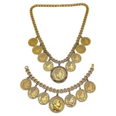 Vintage Goldette Chunky Statement Coin Necklace and Bracelet Set 1960s