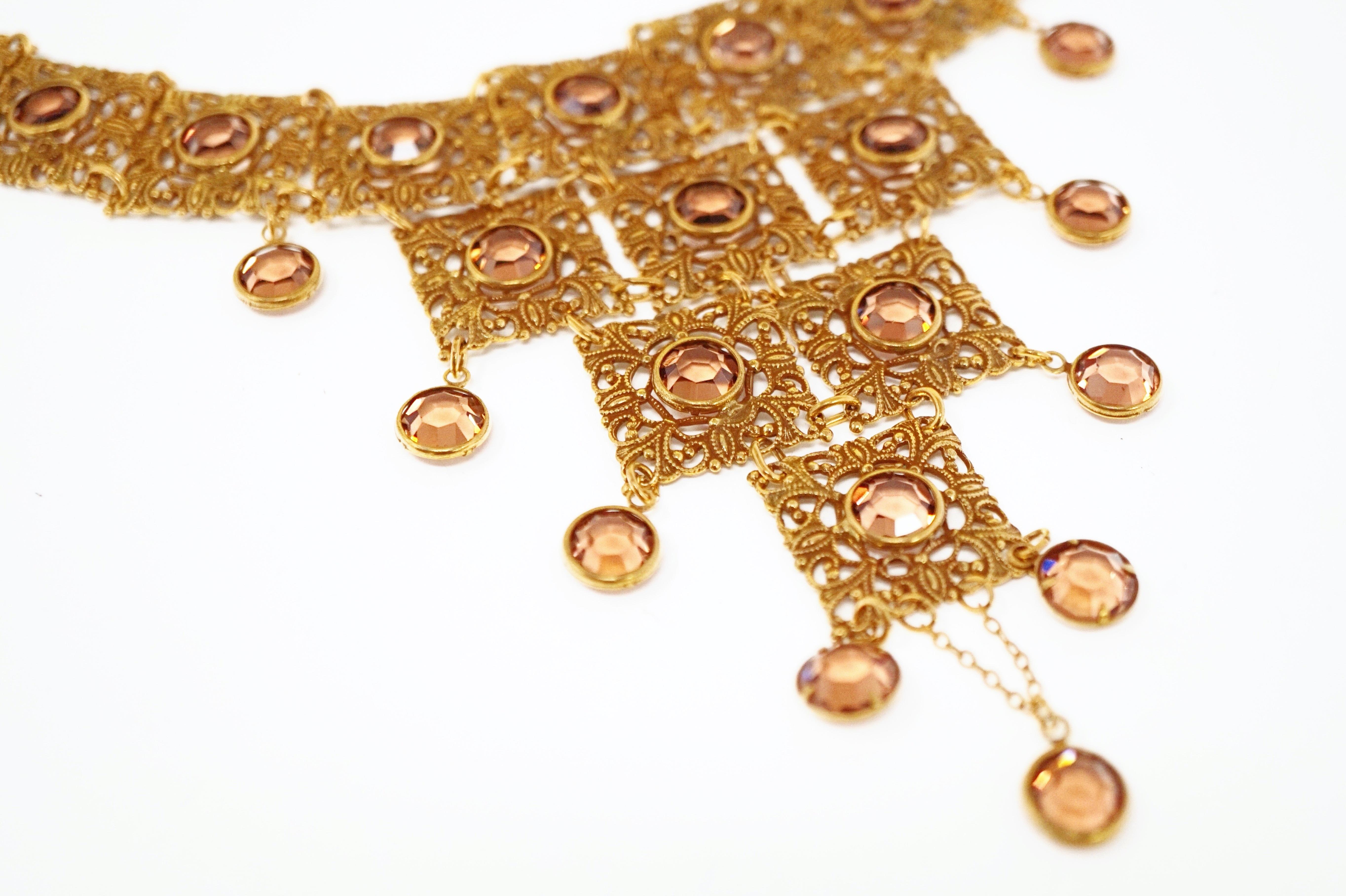 Women's Vintage Goldette Etruscan Revival Bib Necklace with Topaz Crystals, 1970s
