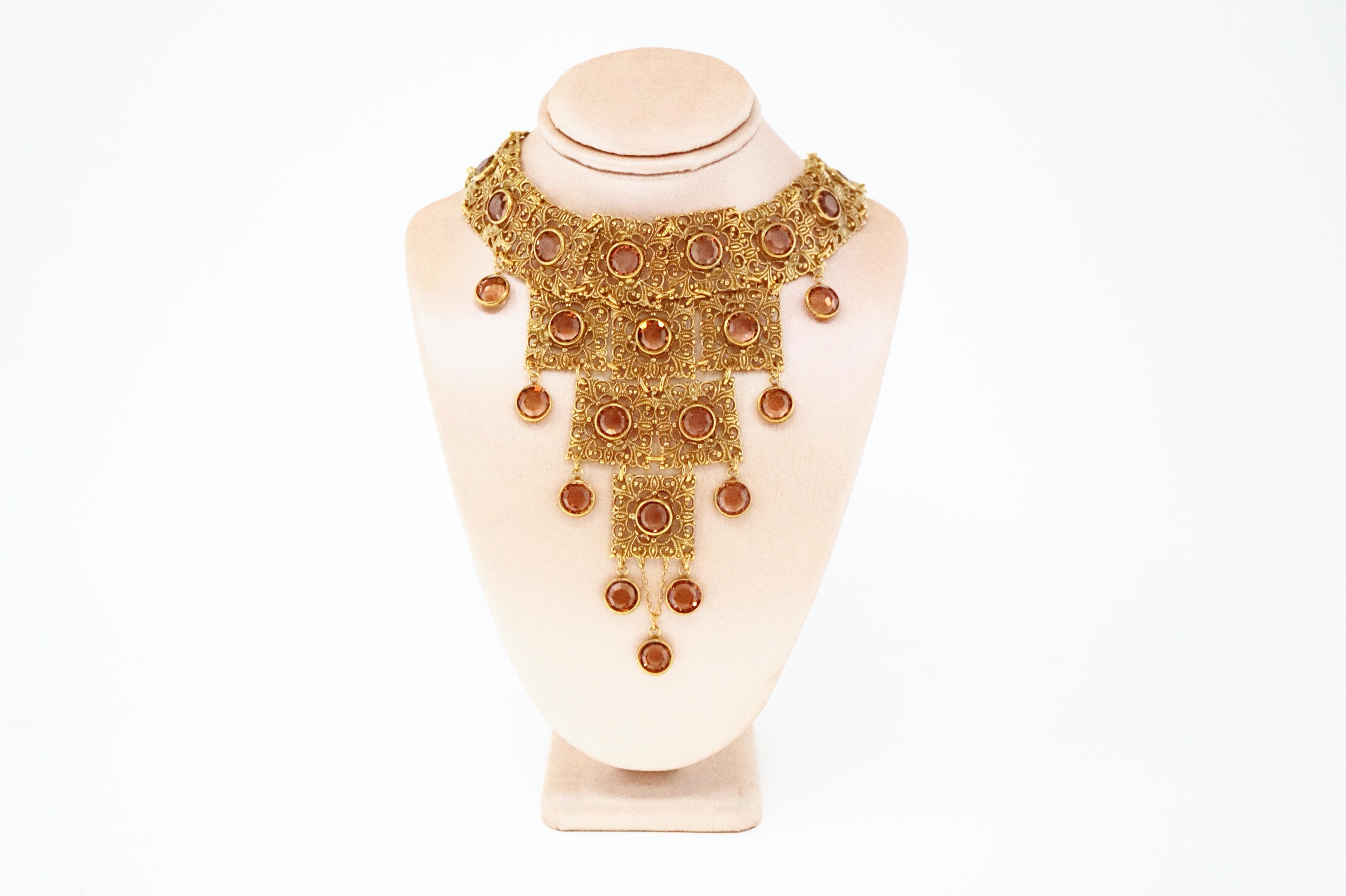 Vintage Goldette Etruscan Revival Bib Necklace with Topaz Crystals, 1970s 1