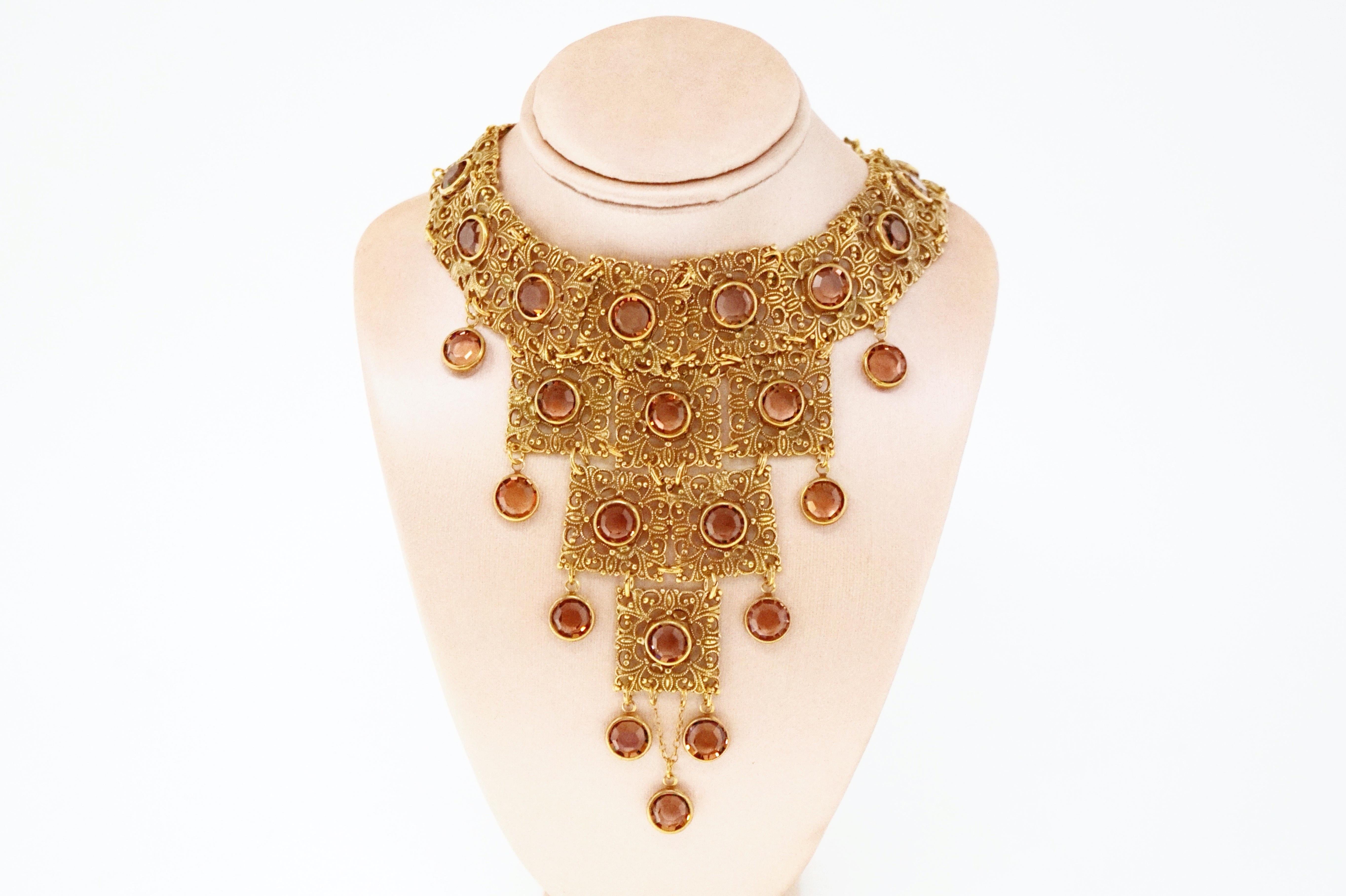 Vintage Goldette Etruscan Revival Bib Necklace with Topaz Crystals, 1970s 2