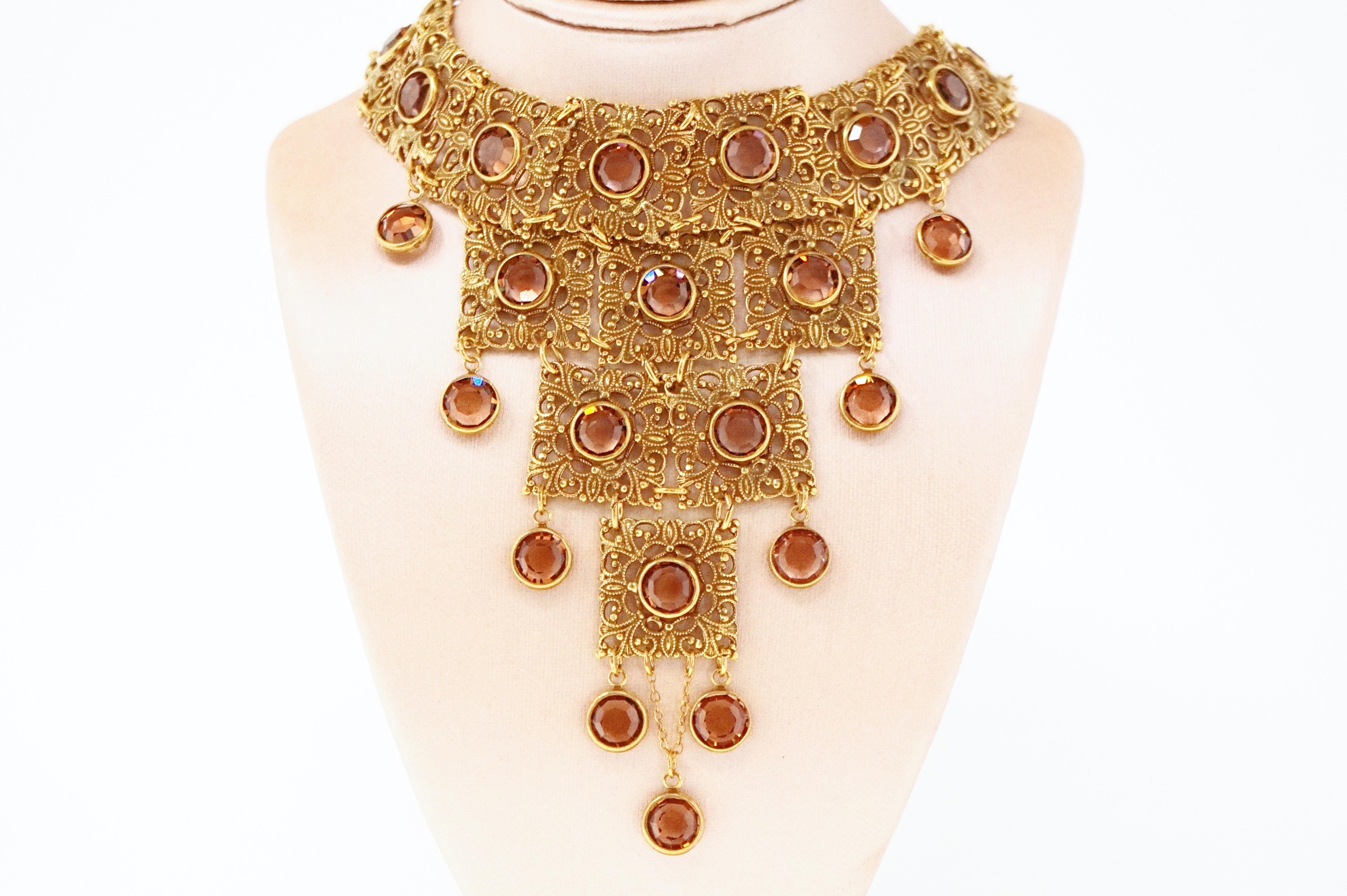 Vintage Goldette Etruscan Revival Bib Necklace with Topaz Crystals, 1970s 3
