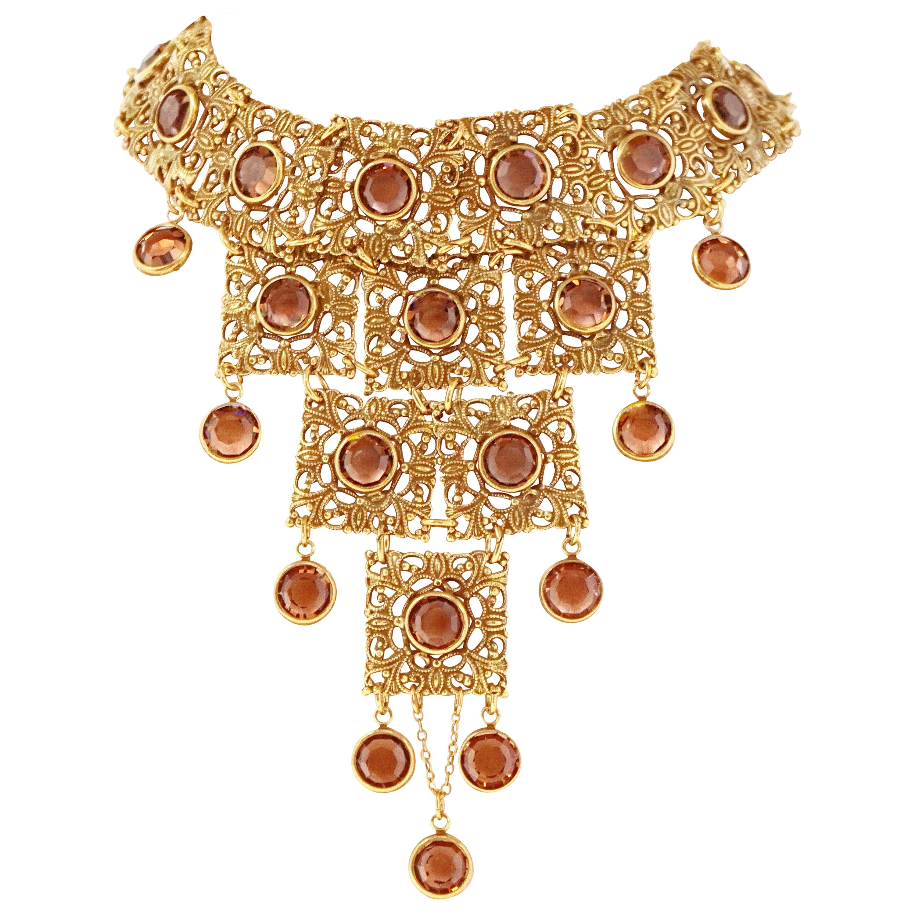 Vintage Goldette Etruscan Revival Bib Necklace with Topaz Crystals, 1970s