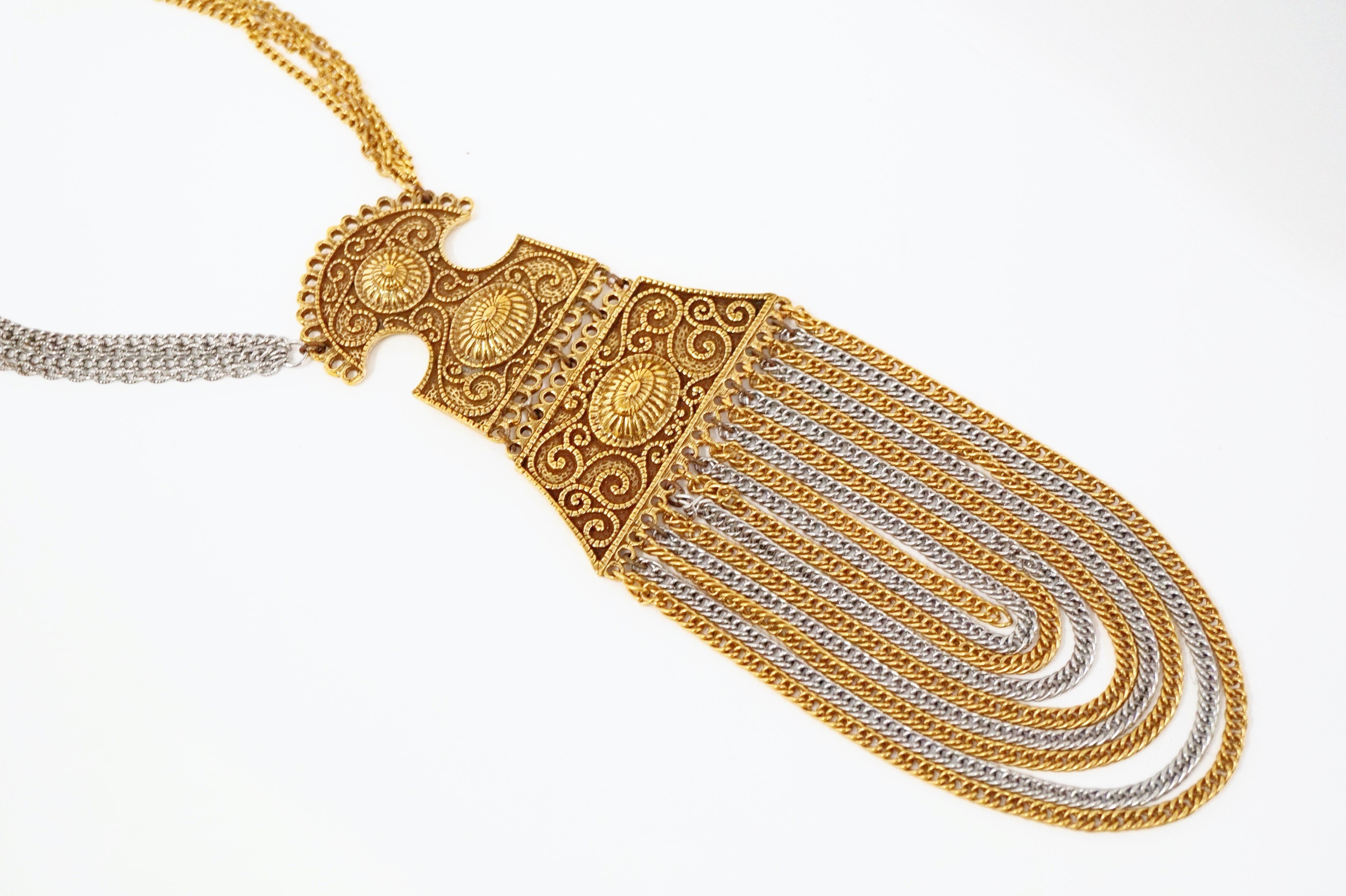 Women's Vintage Goldette Etruscan Revival Chain Costume Statement Necklace, 1970s For Sale