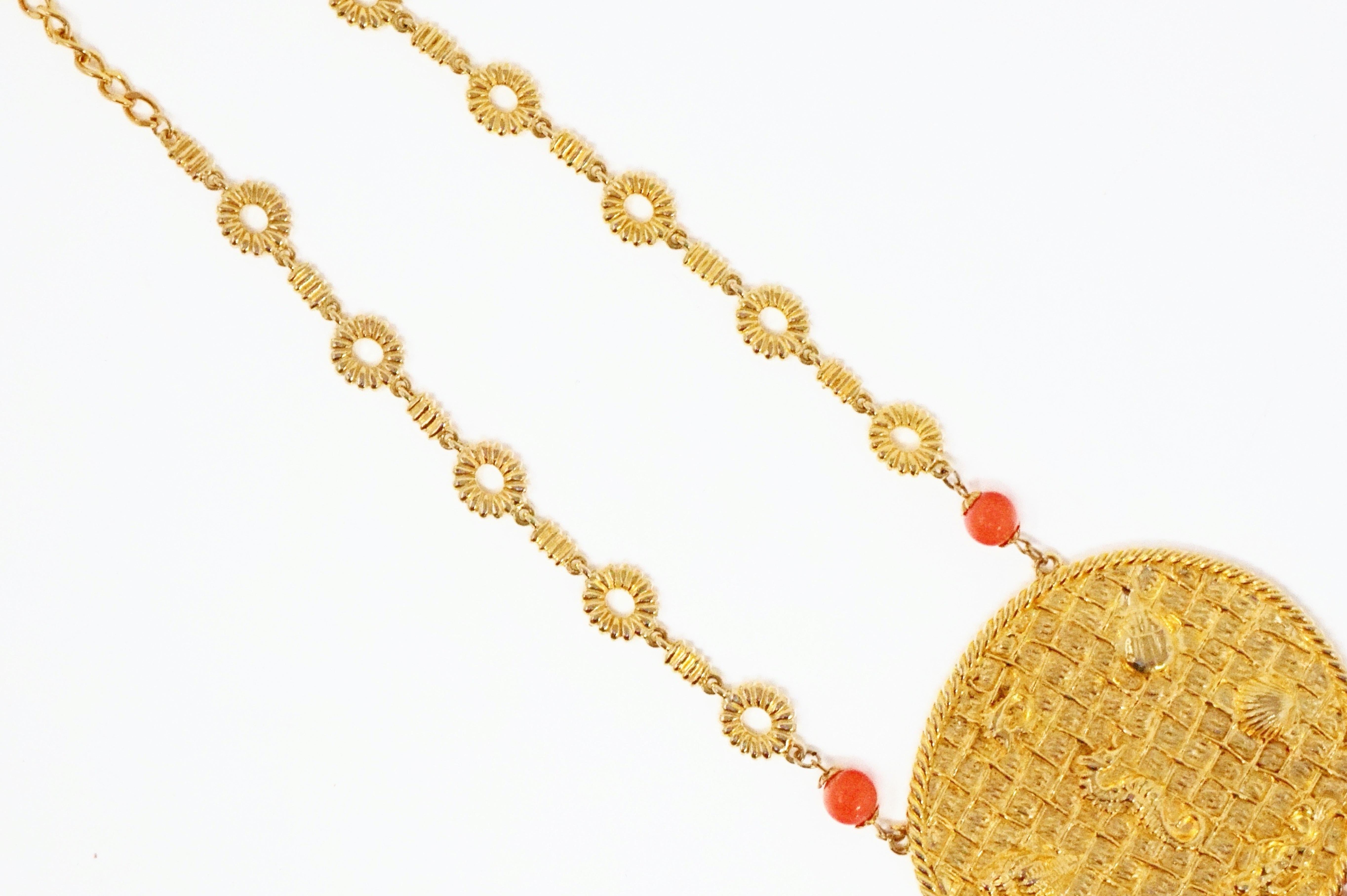 Women's Vintage Goldette Gilt & Coral Oversized Sea Life Motif Statement Necklace, 1970s For Sale