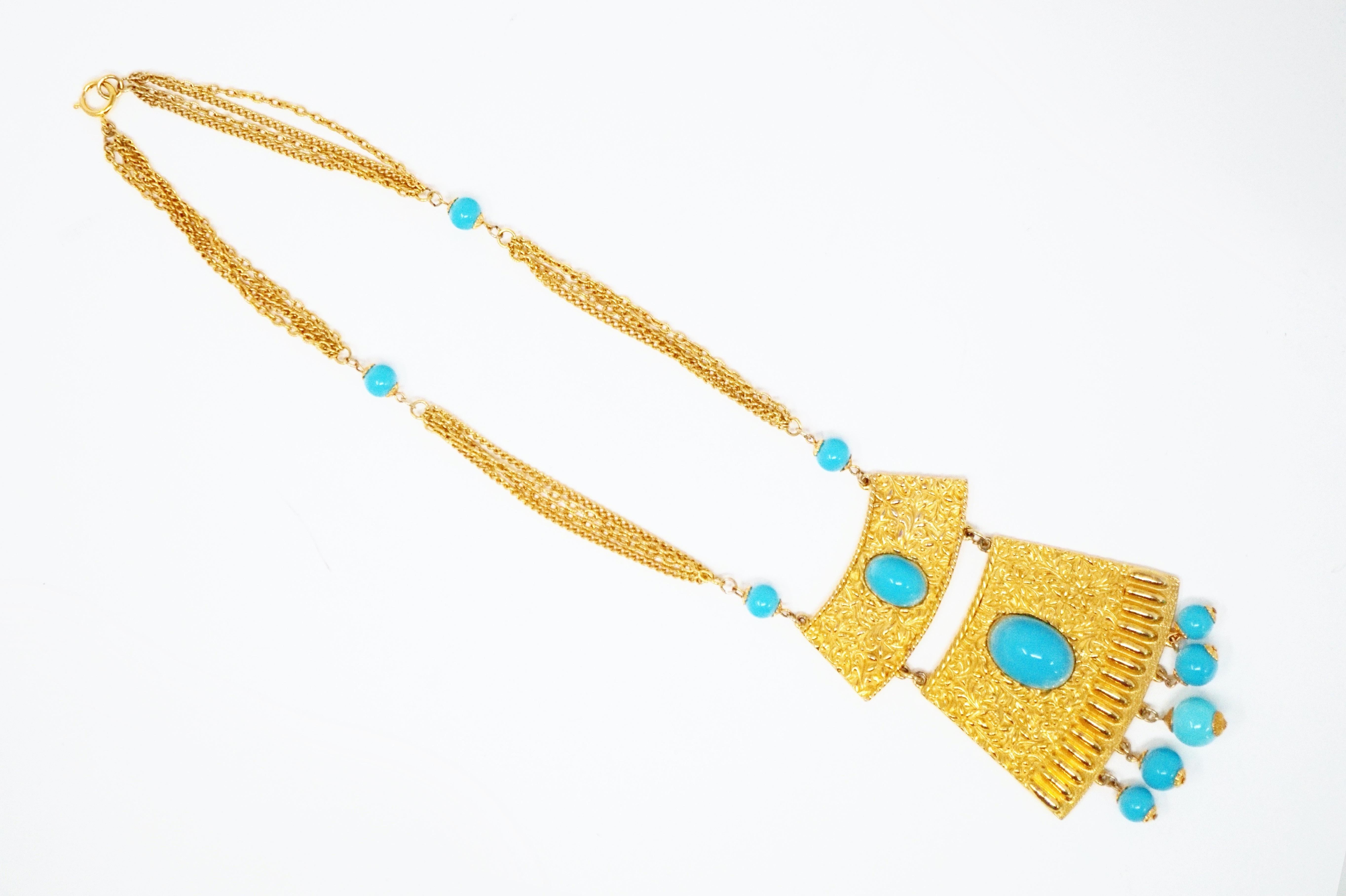 Vintage Goldette Gilt & Turquoise Etruscan Revival Statement Necklace, 1970s In Excellent Condition For Sale In McKinney, TX