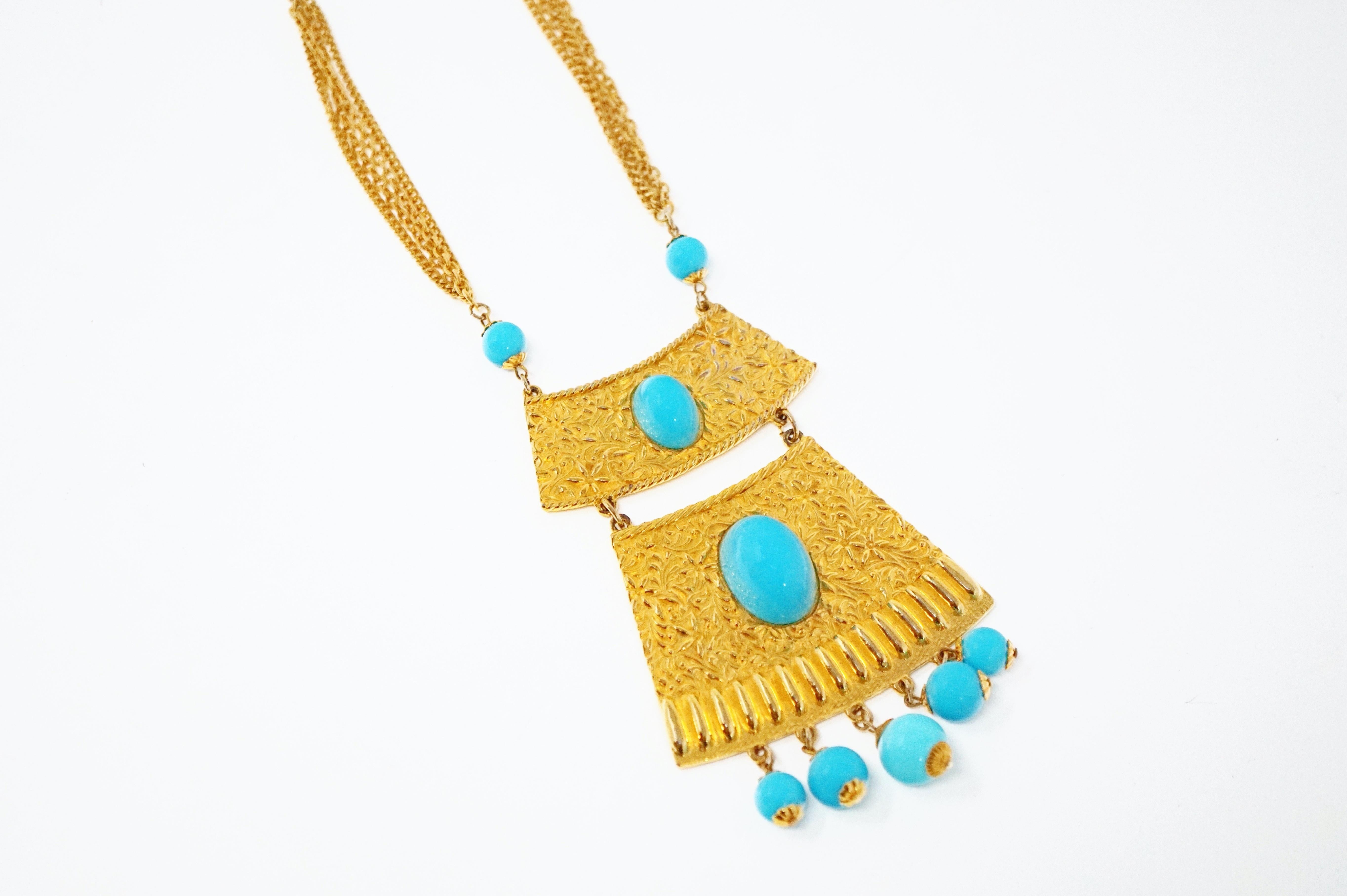 Women's Vintage Goldette Gilt & Turquoise Etruscan Revival Statement Necklace, 1970s For Sale