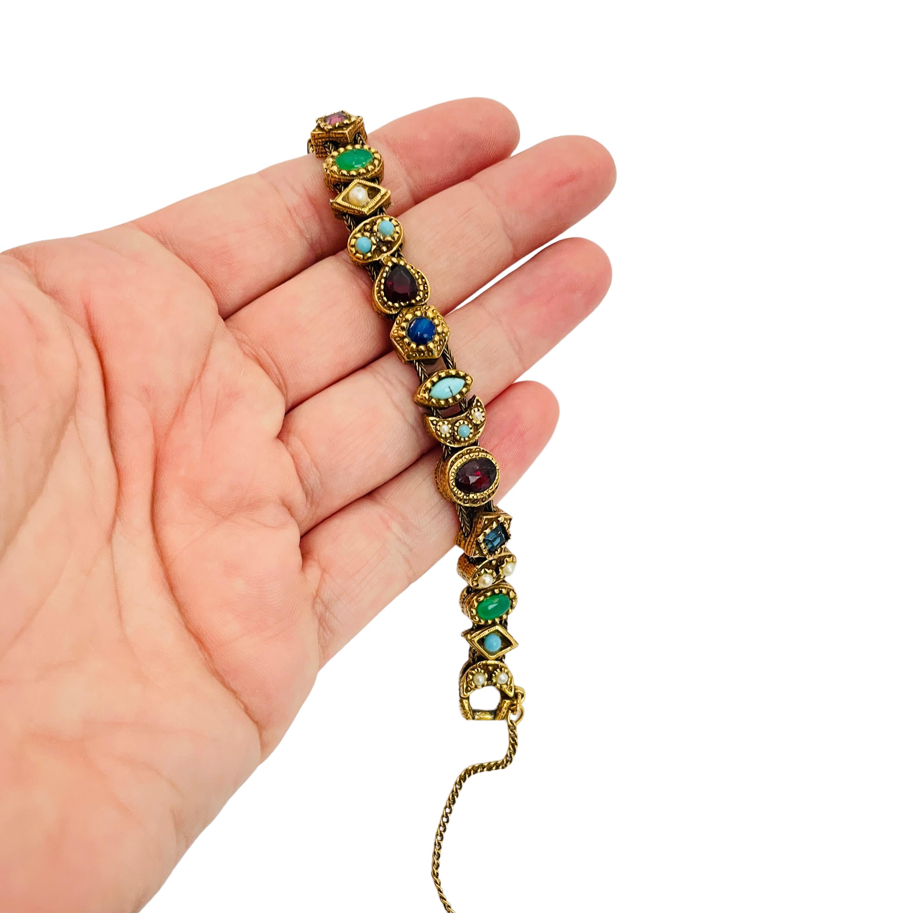 Vintage GOLDETTE gold jewel glass stones slide charm bracelet In Good Condition In Palos Hills, IL