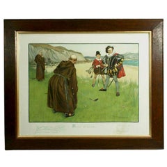 Antique Golf Art, Humorous Golf Print, Putting for His Nose, Charles Crombie