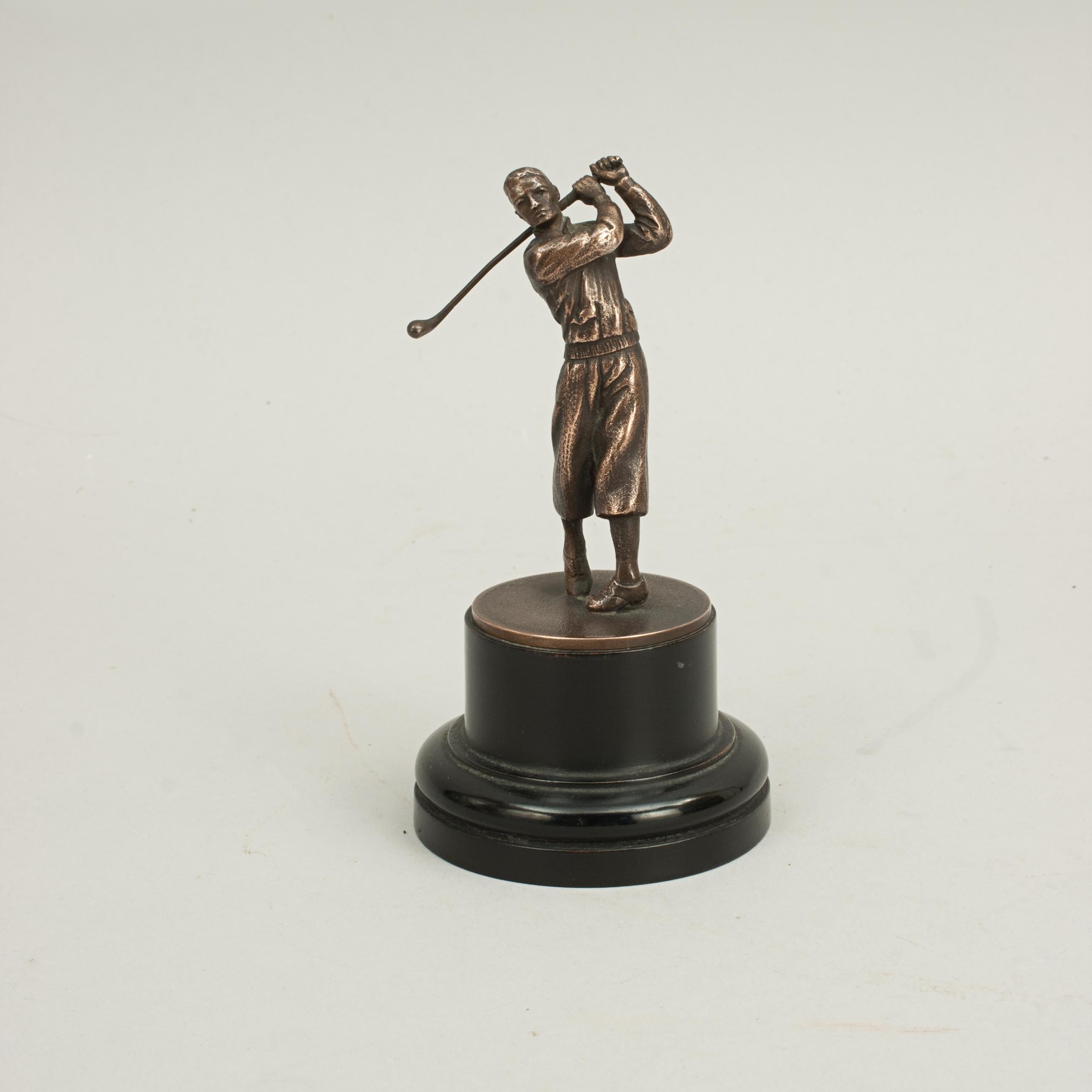 Metal Golf Figure on stand.
A nice simple golf figure on an ebonized round base. The figure in full follow through position. Would make a lovely trophy.
Figure stands 7 ½ cm high.

Dimensions:

Height
11.5 cm / 4 